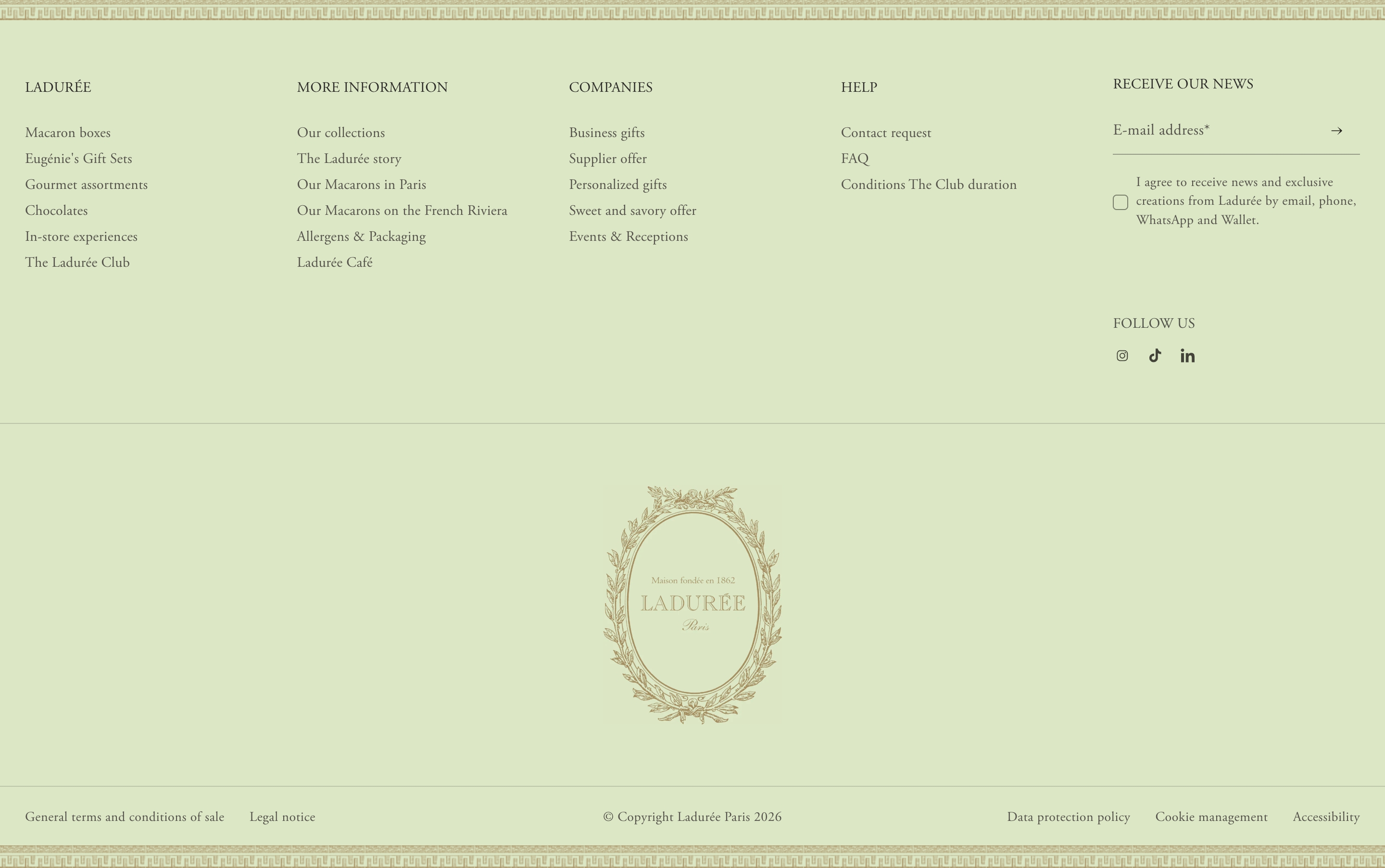 Ladurée footer with five link columns, newsletter form, social icons, and a centered gold wreath logo.