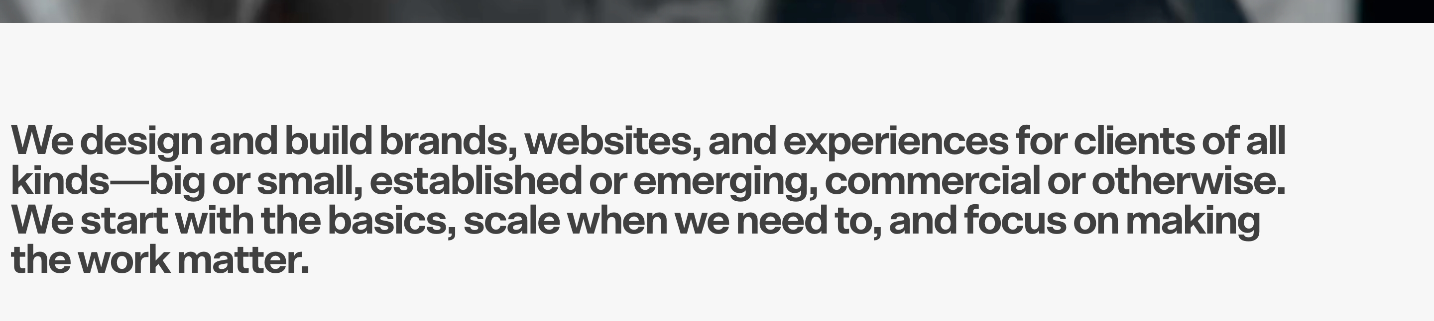 Alright Studio mission statement: large left-aligned sans-serif paragraph on a pale full-width band