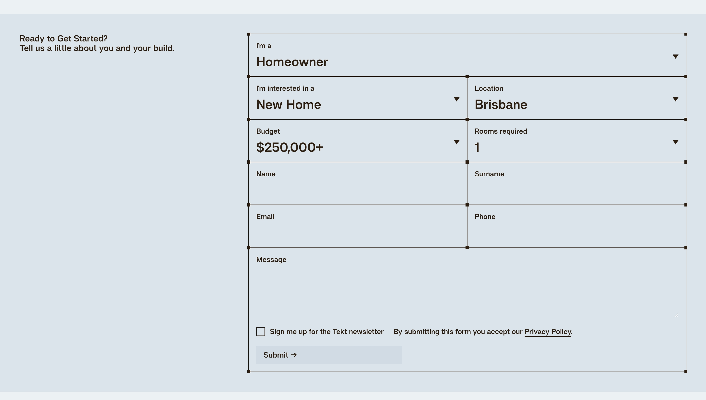 Tekt inquiry form with Ready to Get Started heading and a gridded project-details contact form