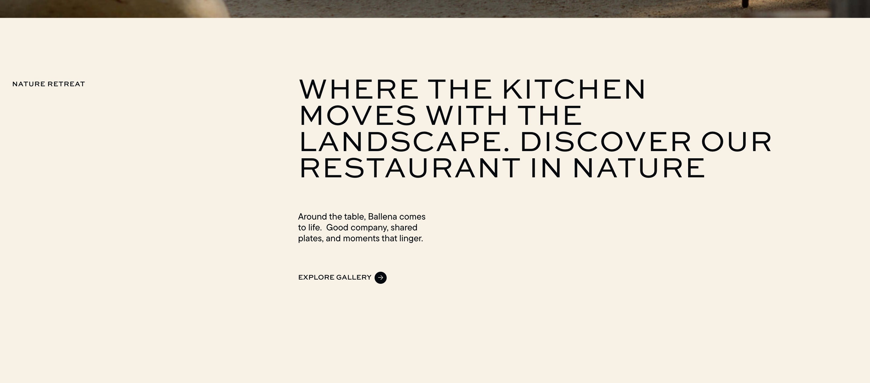 Ballena value proposition with Nature Retreat label, landscape headline, sharing copy, and Explore Gallery link