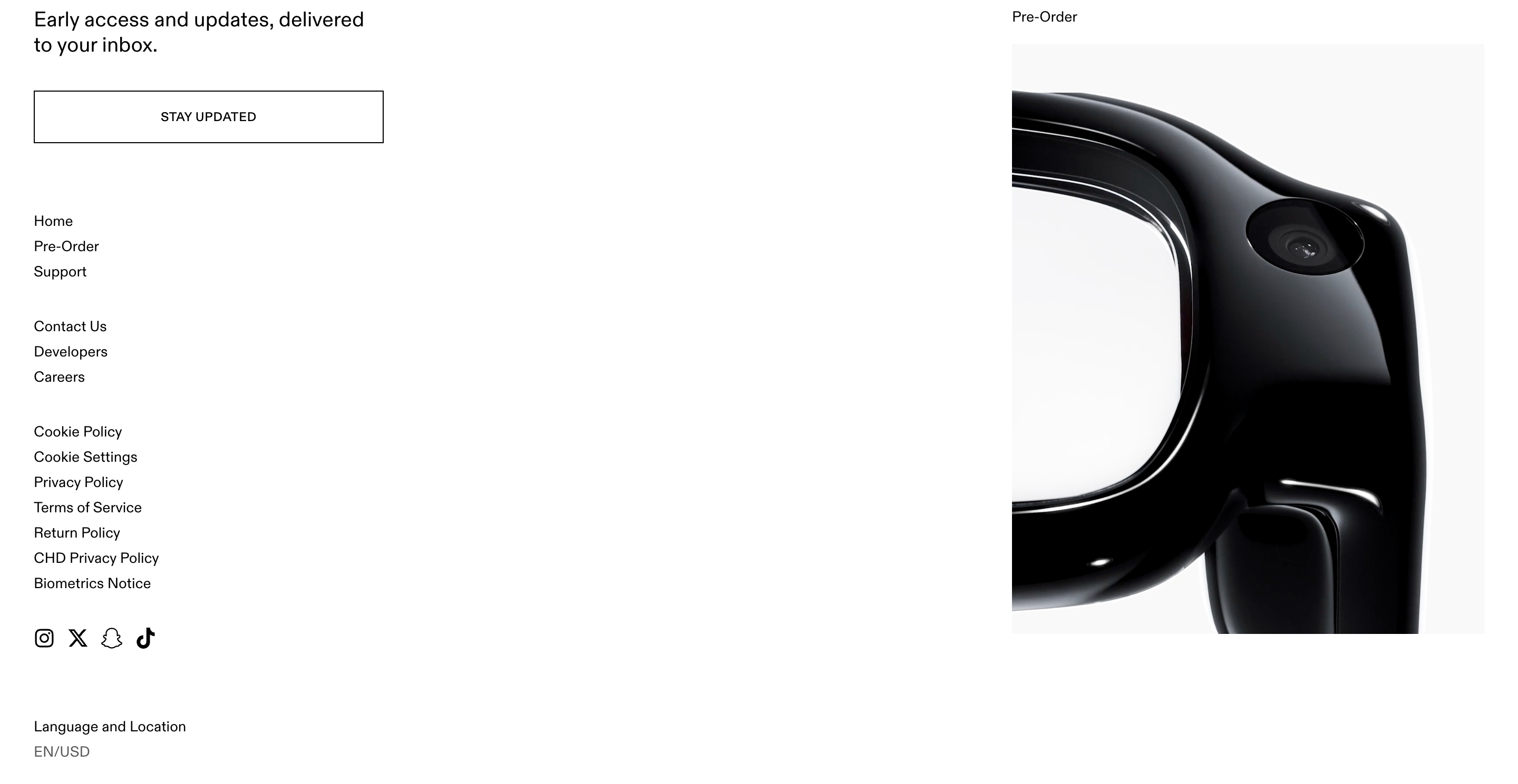Specs footer with newsletter prompt, legal links, social icons, and a close-up of black AR glasses