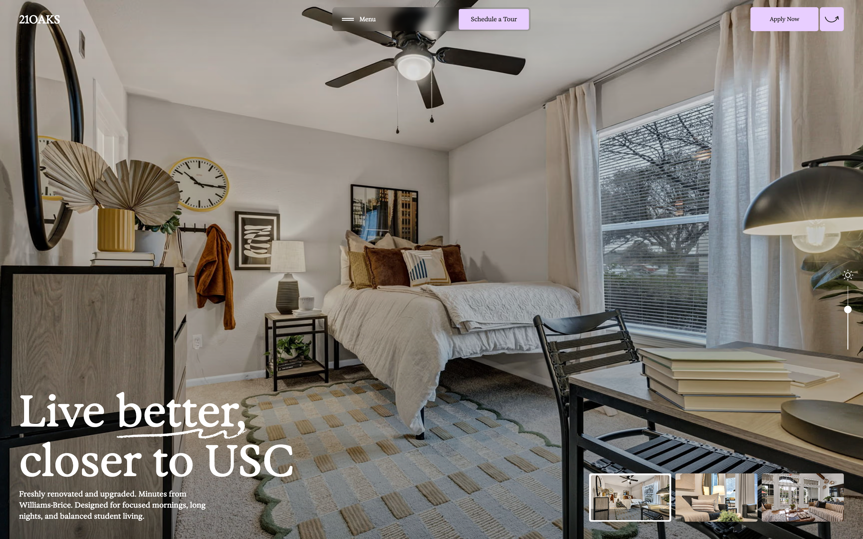 21Oaks hero: full-bleed student bedroom photo with Live better closer to USC headline, CTAs, and three room thumbnails