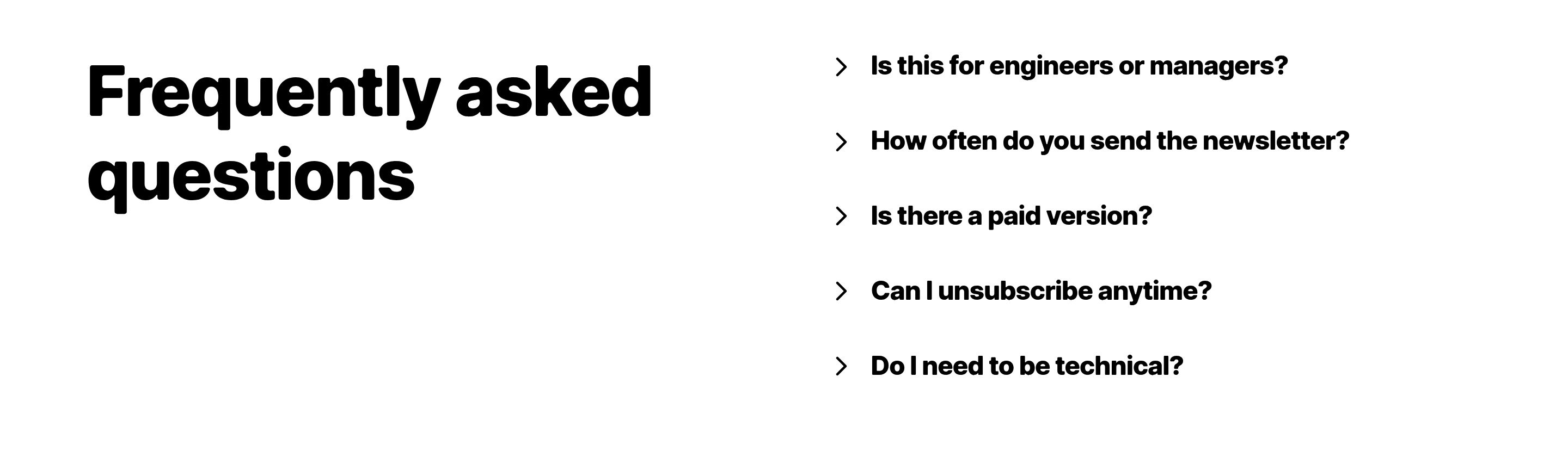 Refactoring FAQ: large Frequently asked questions heading left, five chevron-prefixed questions right on white