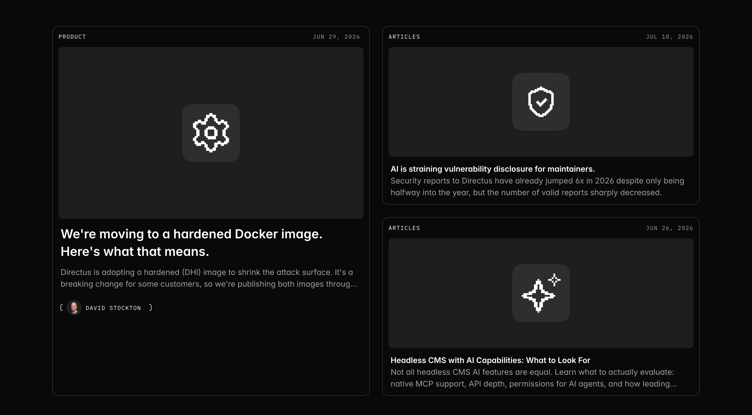 Directus blog section with three dark cards: Docker product post and two article previews with icons.