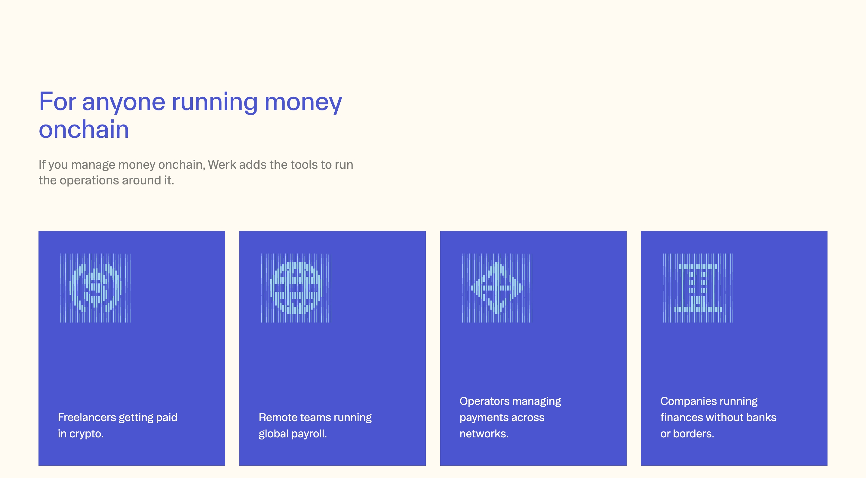 Werk audience section with a blue headline and four purple cards for freelancers, teams, operators, and companies.
