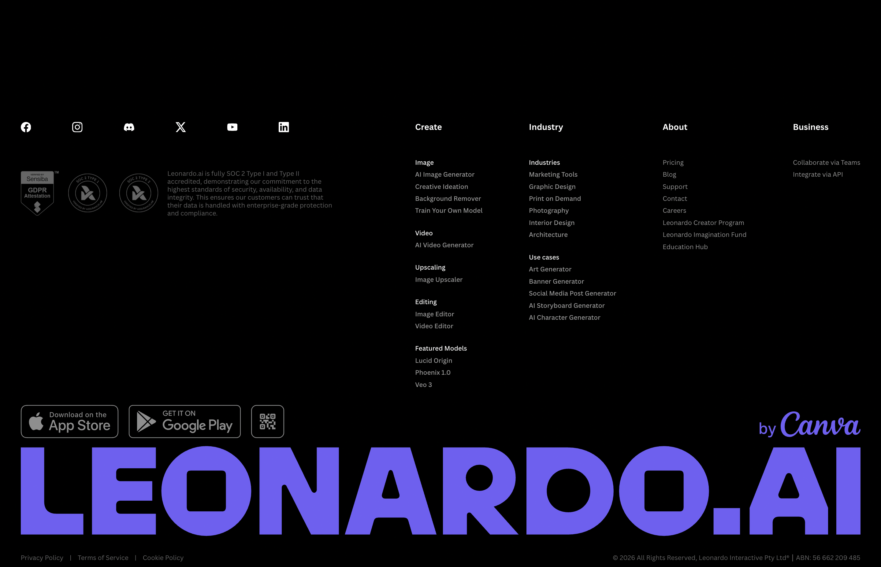 Leonardo.Ai dark footer with social icons, compliance badges, four link columns, app badges, and oversized purple LEONARDO.AI wordmark