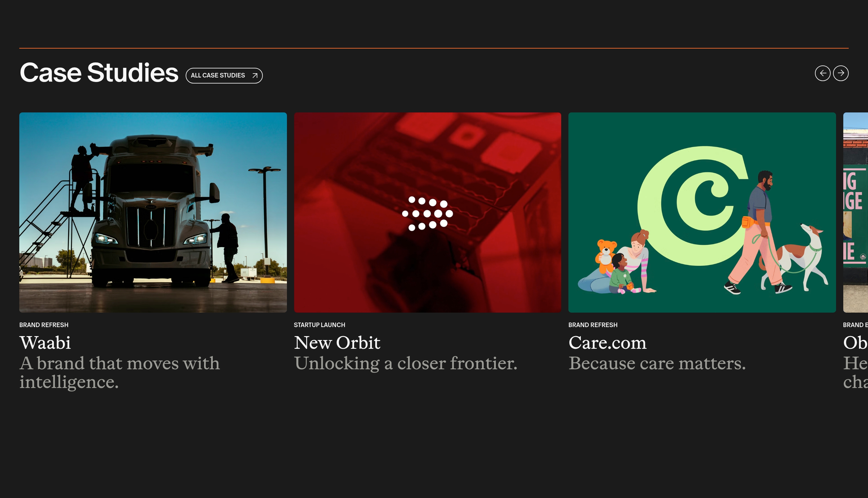 Manual case studies section: dark horizontal gallery of Waabi, New Orbit, and Care.com project cards
