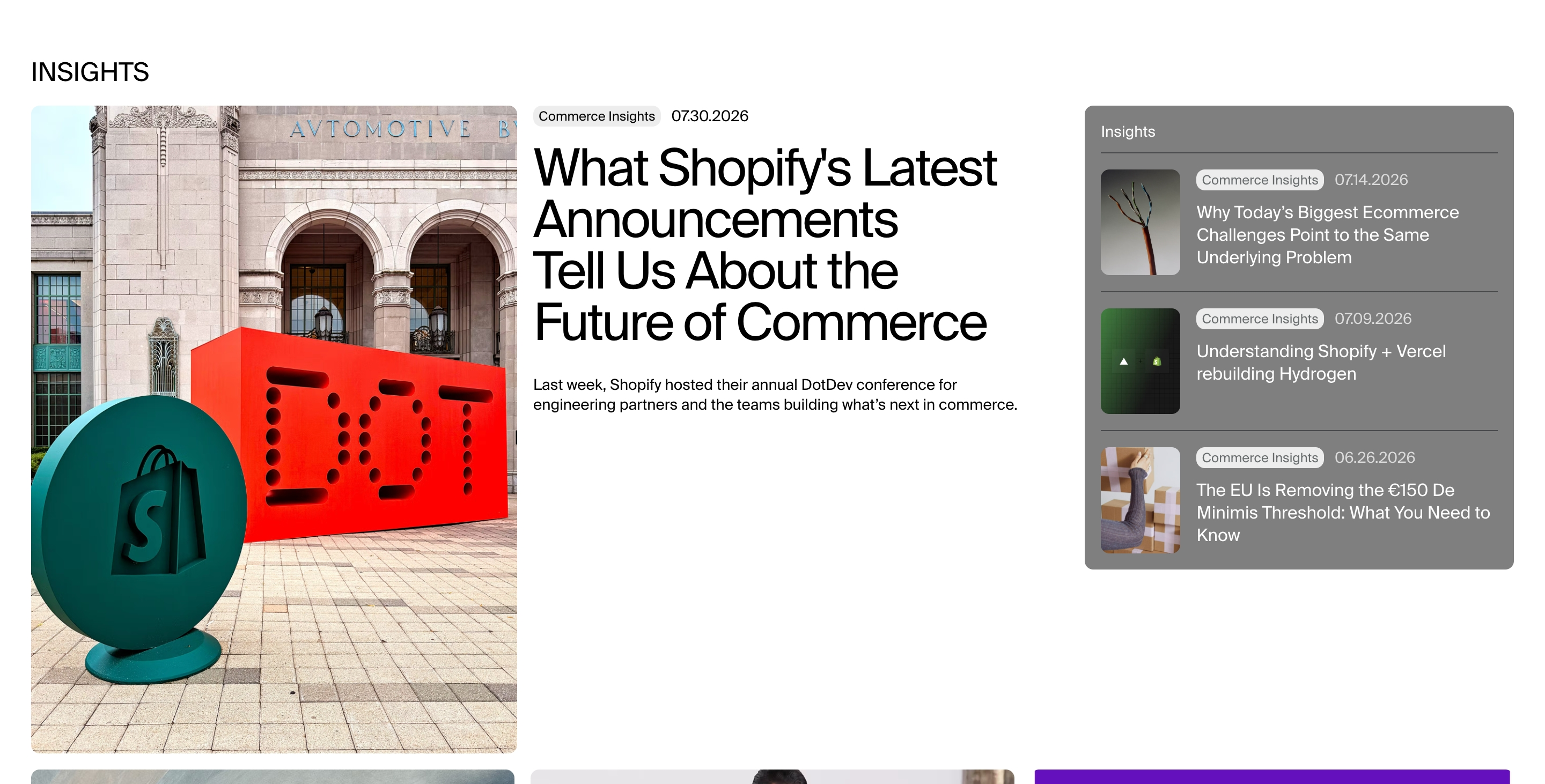 Domaine Insights section with a featured Shopify article, large street photo, and gray sidebar of three stories