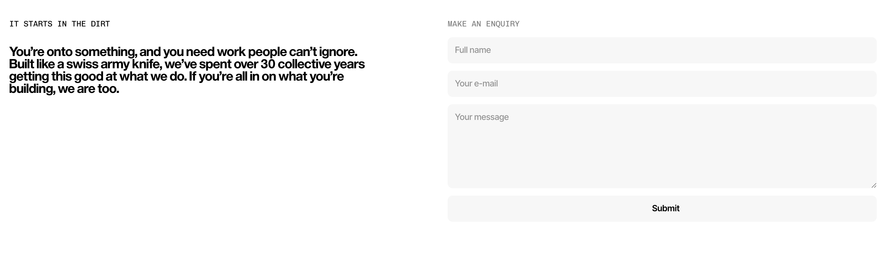 Dirtverse value proposition and enquiry form: bold pitch left, name, email, message fields and Submit right.