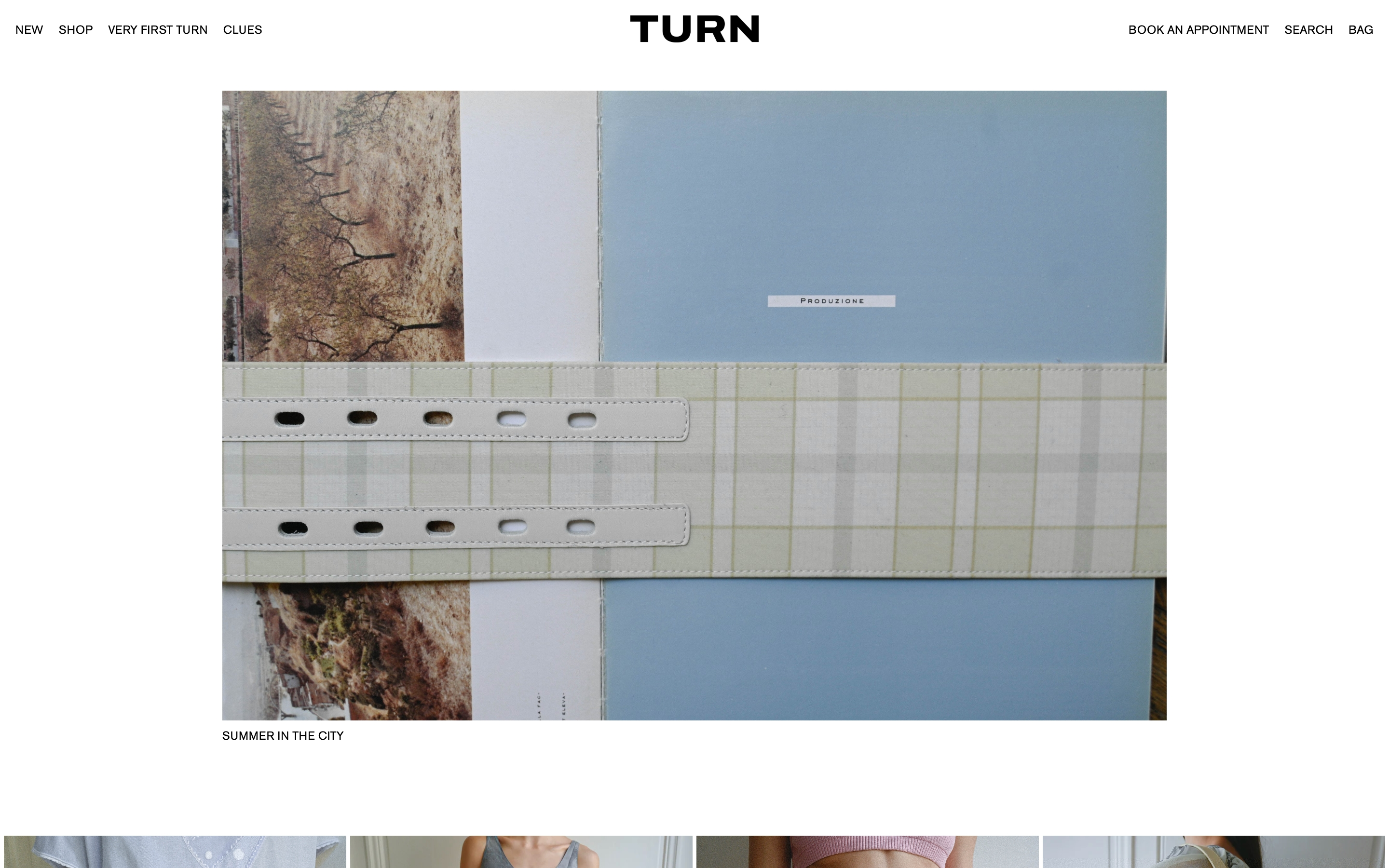 Turn Paris hero: TURN header, still-life of a checkered belt over prints, Summer in the City caption