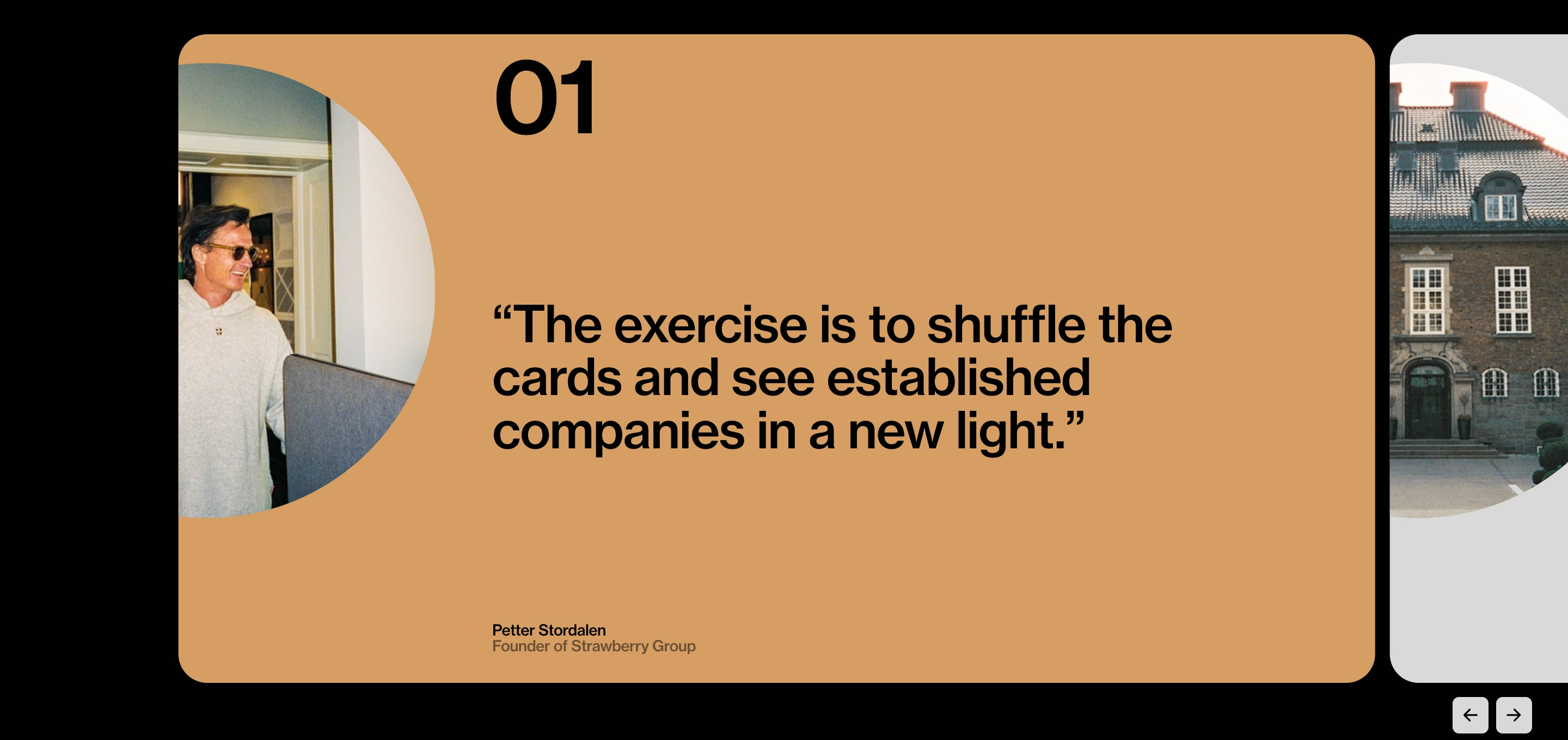 Strawberry Group founder testimonial card with Petter Stordalen portrait, numbered quote, and next-slide building photo