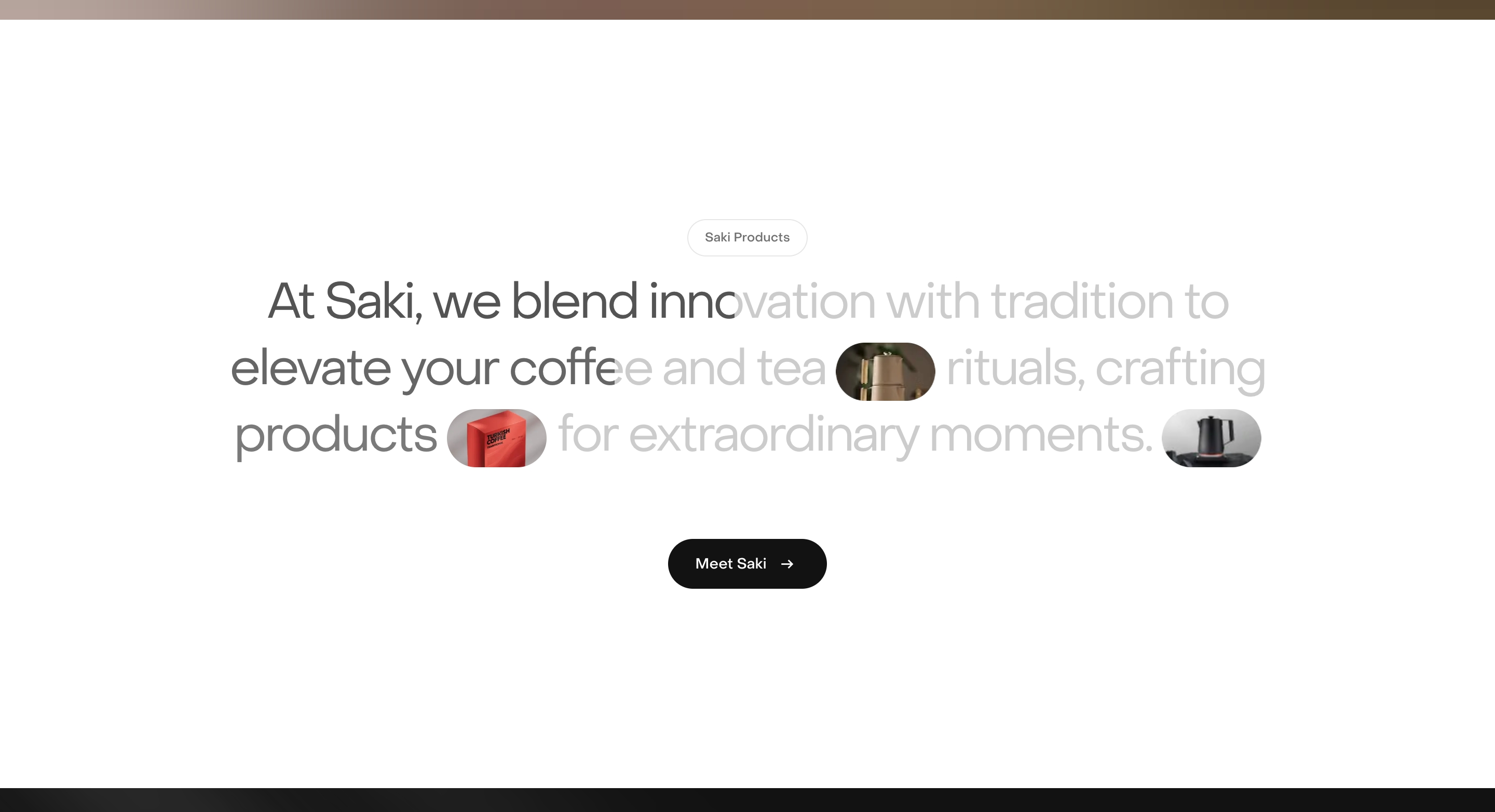 Saki value proposition with faded headline, oval product photos, and a Meet Saki button
