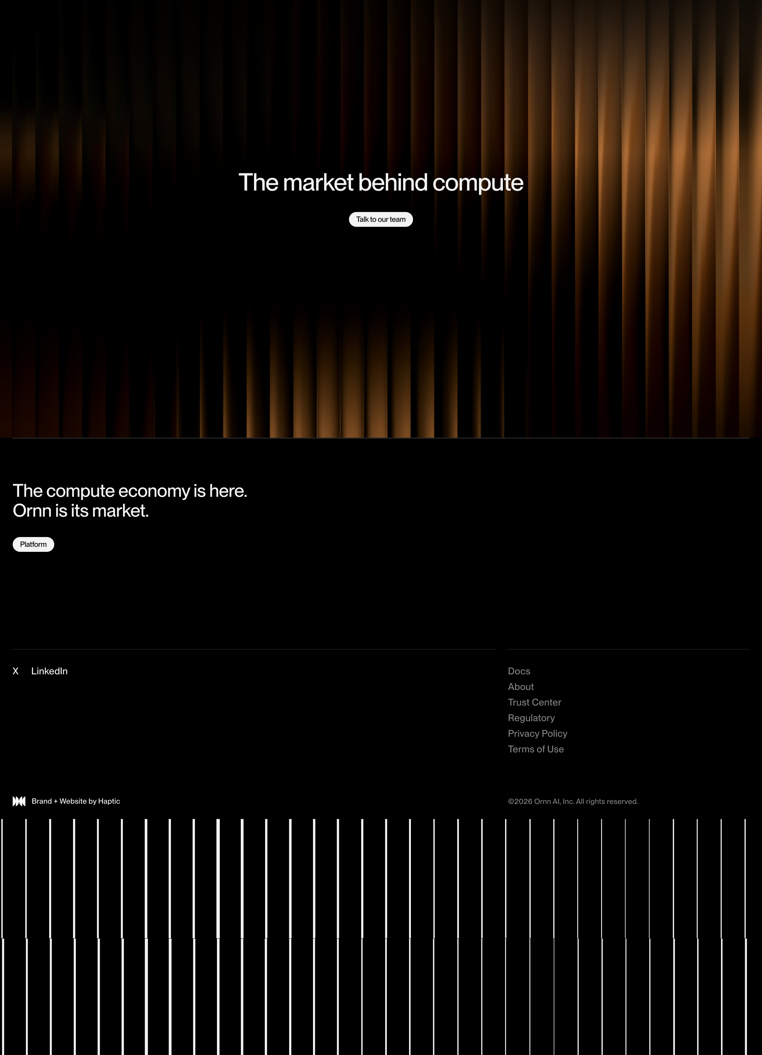 Ornn footer with gold striped band, compute copy, two-column links, and white vertical lines