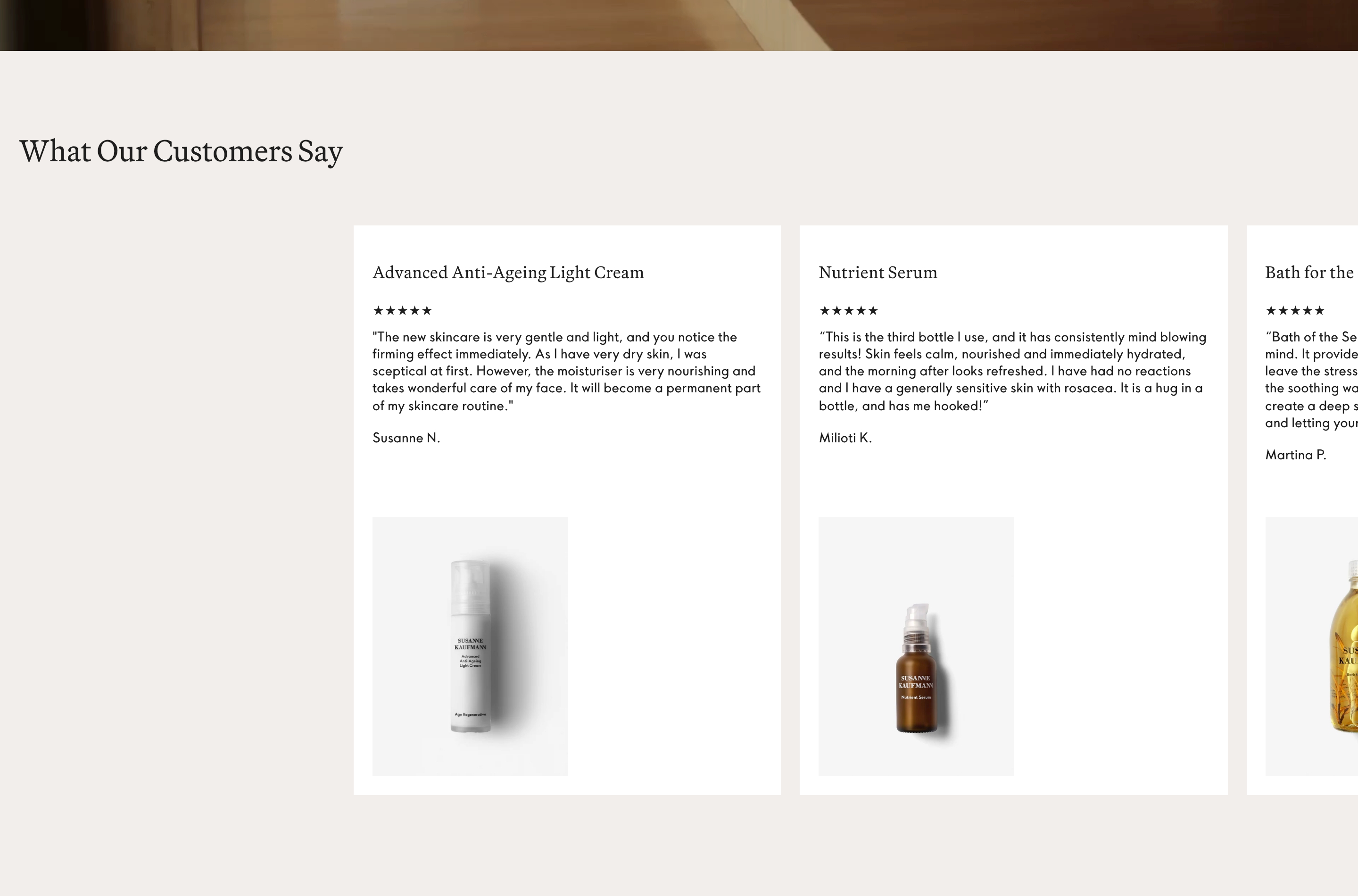 Susanne Kaufmann reviews section with serif heading and white cards of quotes, stars, and product bottles.