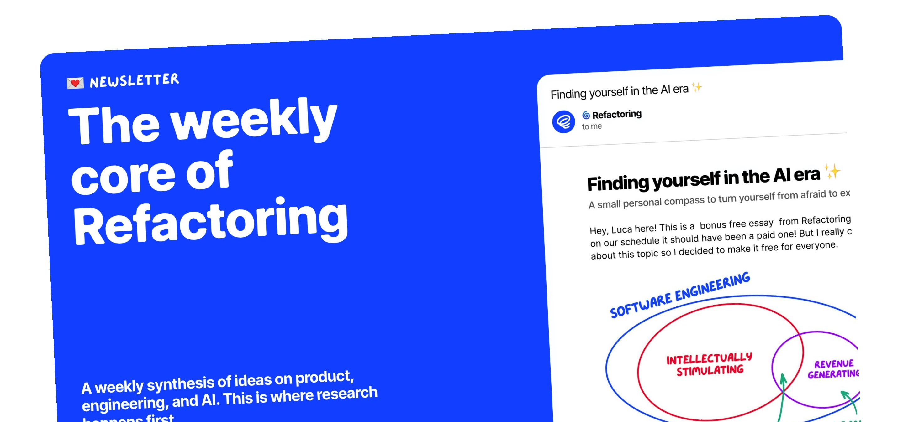 Refactoring newsletter preview with blue headline panel and overlapping email about Finding yourself in the AI era