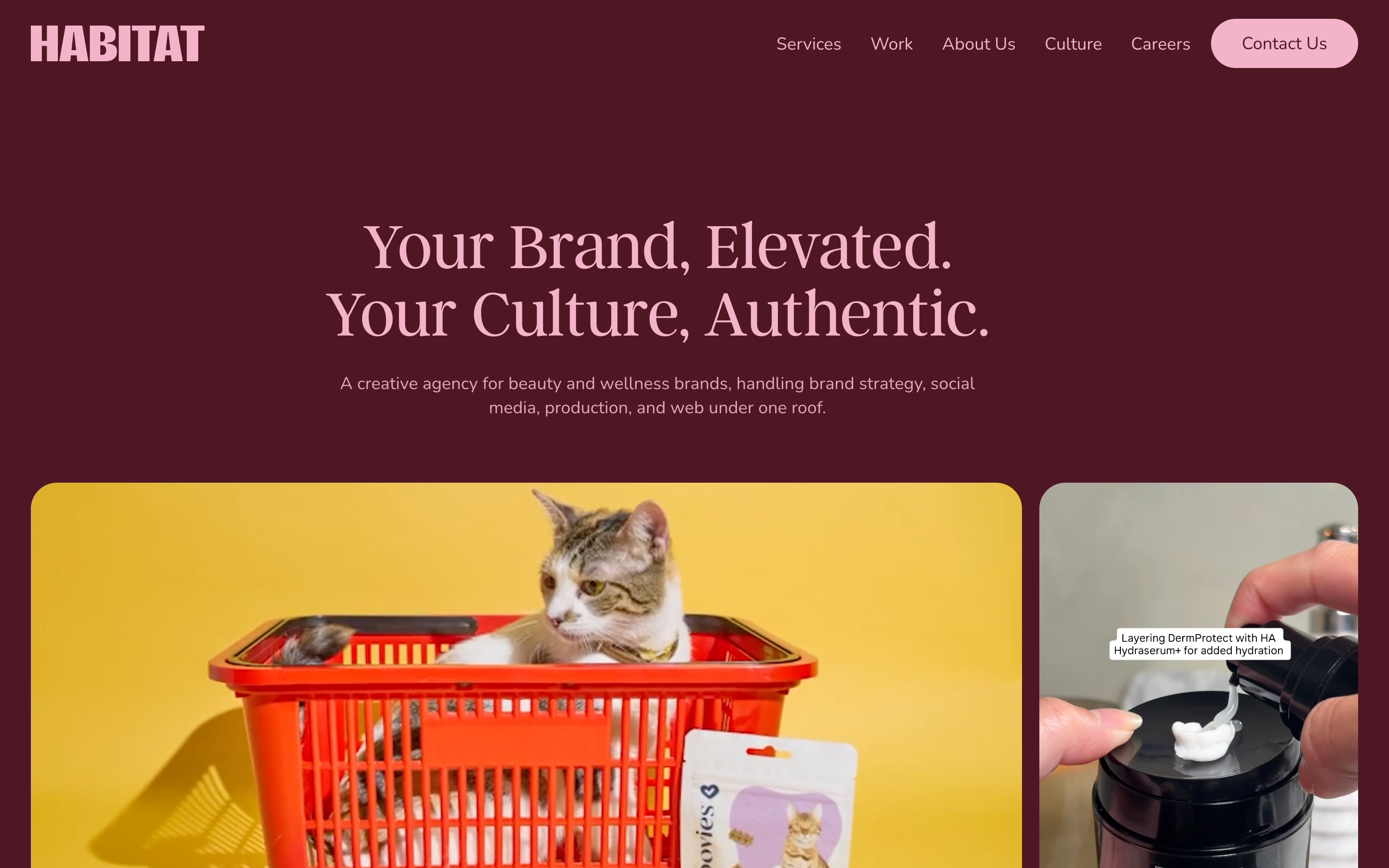 Agency Habitat hero with Habitat nav, pink headline on burgundy, and two rounded lifestyle product images.