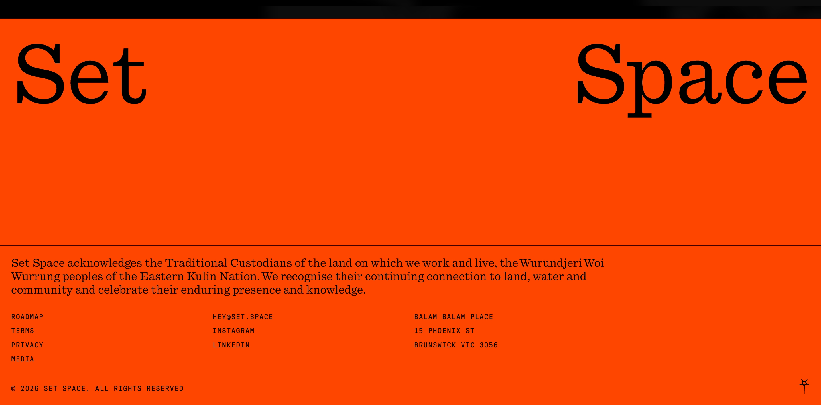 Set Space footer on bright orange with oversized Set and Space wordmarks, land acknowledgement, and three link columns.