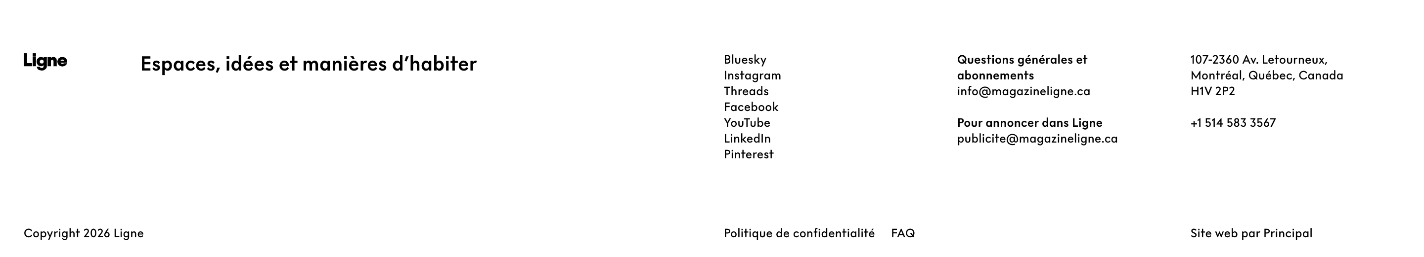 Ligne website footer with logo, tagline, social links, emails, Montréal address, copyright, and legal links.