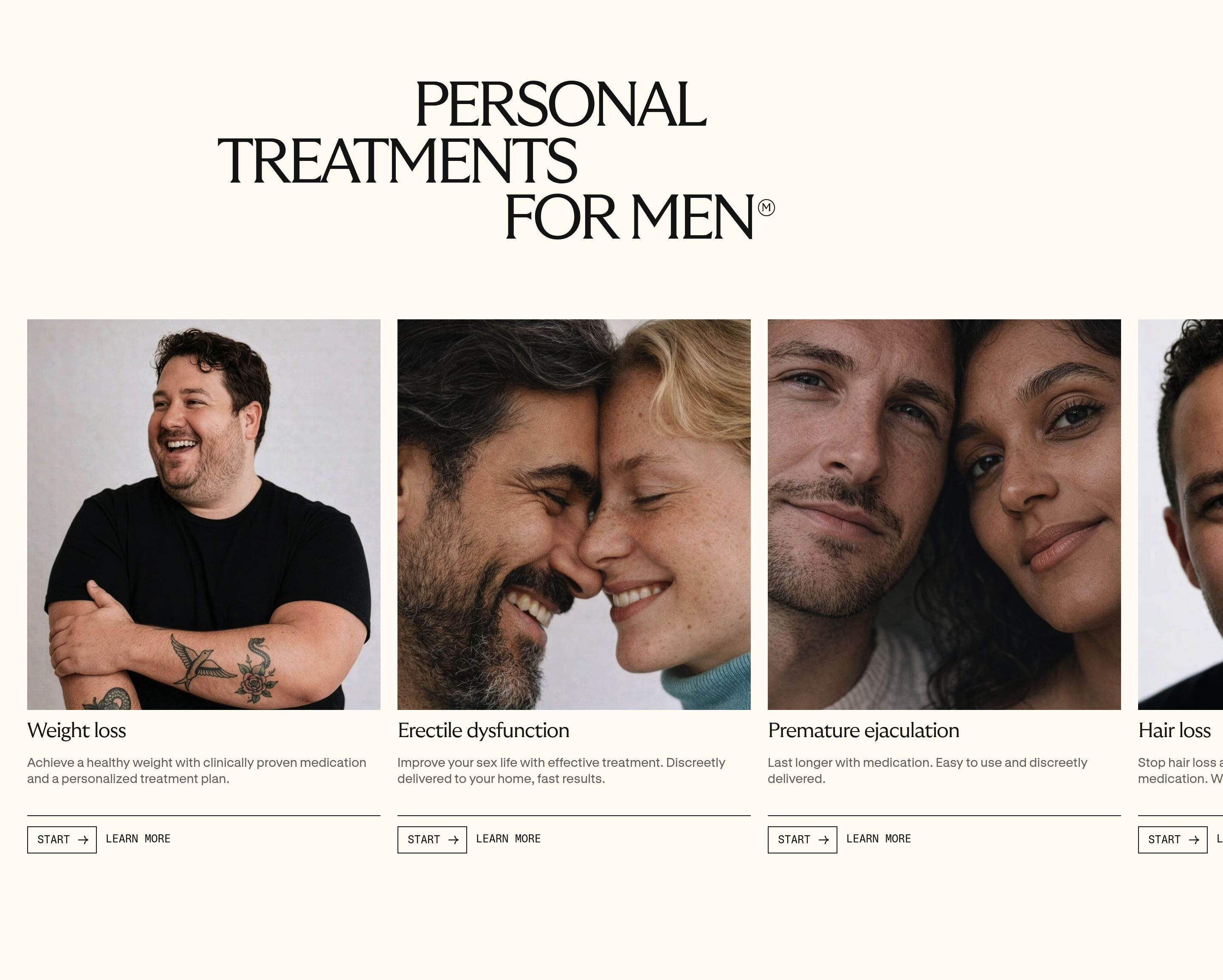 Menkind Personal Treatments for Men gallery with four photo cards for weight loss, erectile dysfunction, premature ejaculation, and hair loss