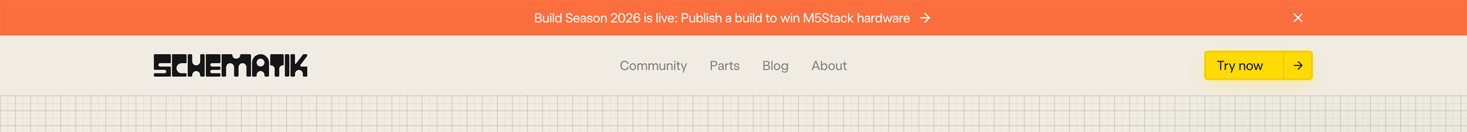 Schematik header with orange Build Season banner, black wordmark, gray links, and yellow Try now button