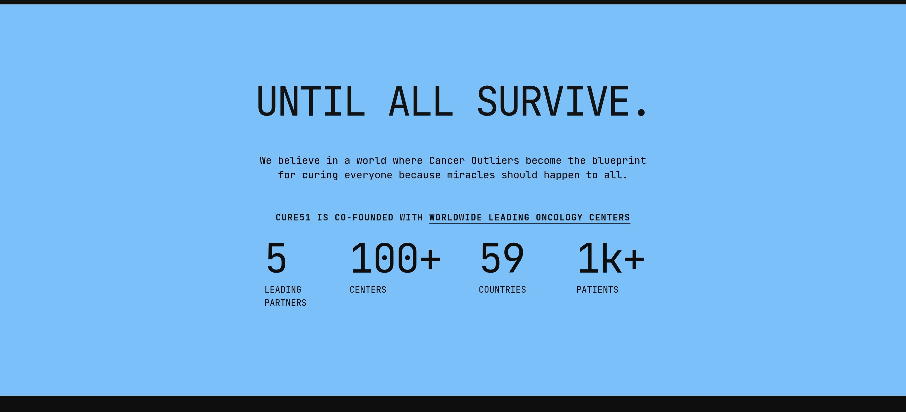 Cure51 statistics section with Until All Survive headline and 5, 100+, 59, 1k+ partner, center, country, patient counts
