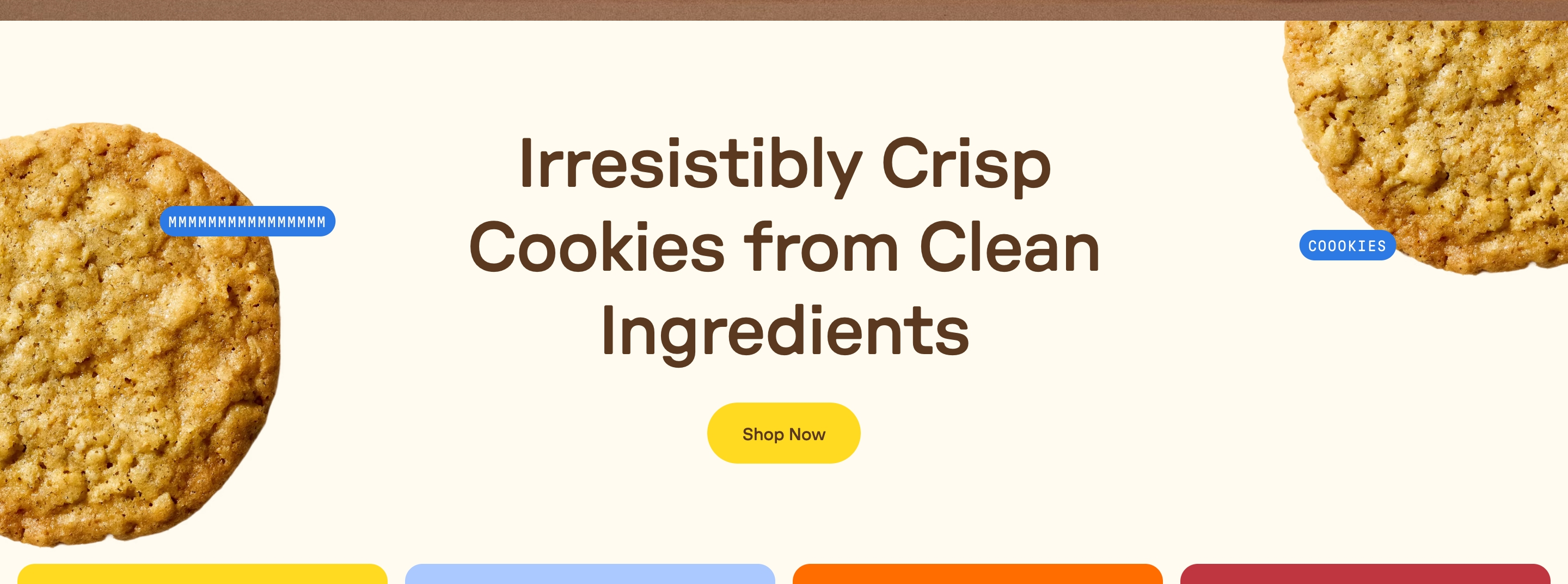 Joy Supply value proposition with centered clean-ingredients headline, yellow Shop Now button, and cropped cookies.