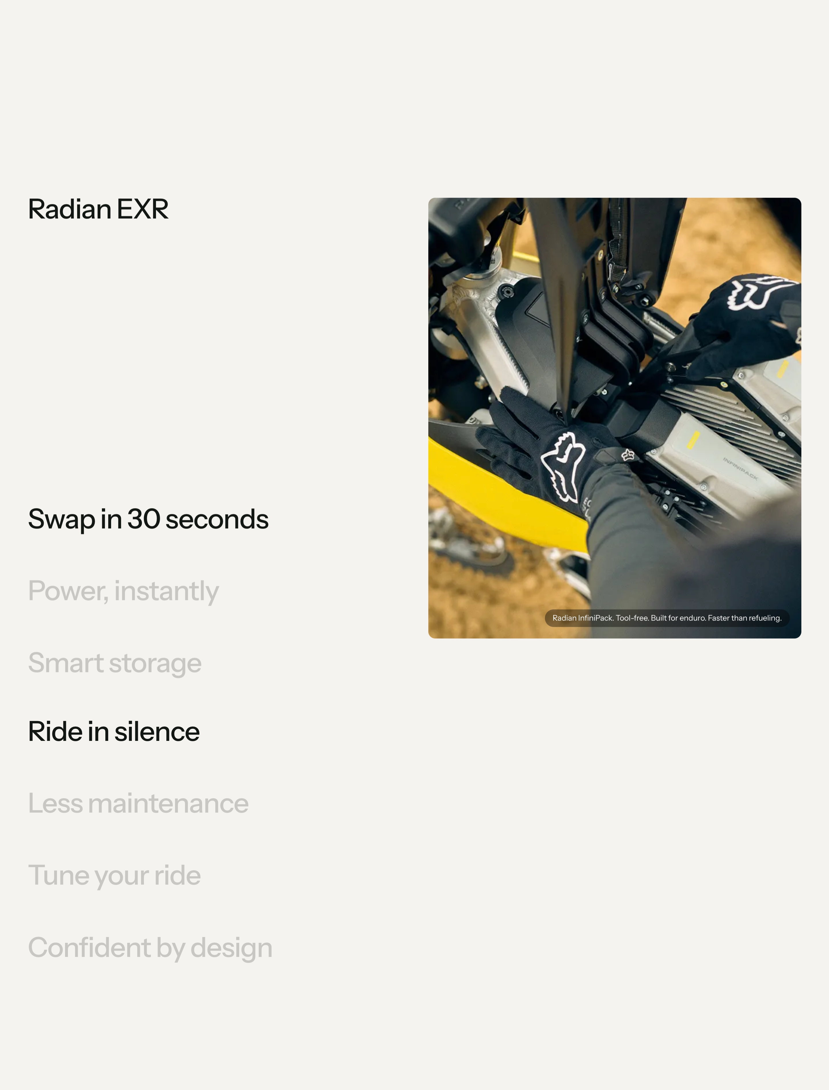 Radian feature-selection list with EXR titles and a photo of hands installing the InfiniPack battery.
