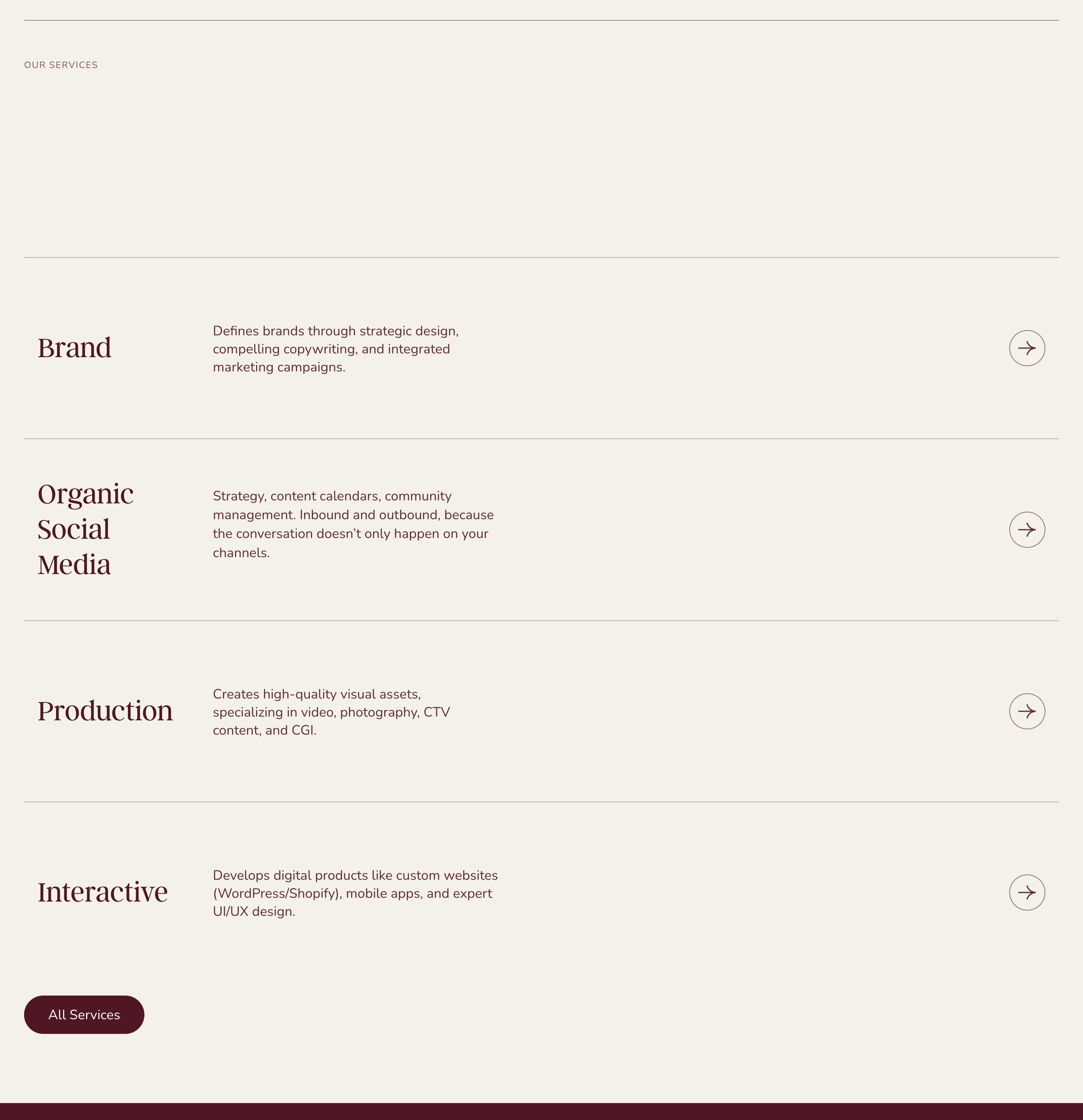 Agency Habitat Our Services section listing Brand, Organic Social Media, Production, and Interactive with All Services button.