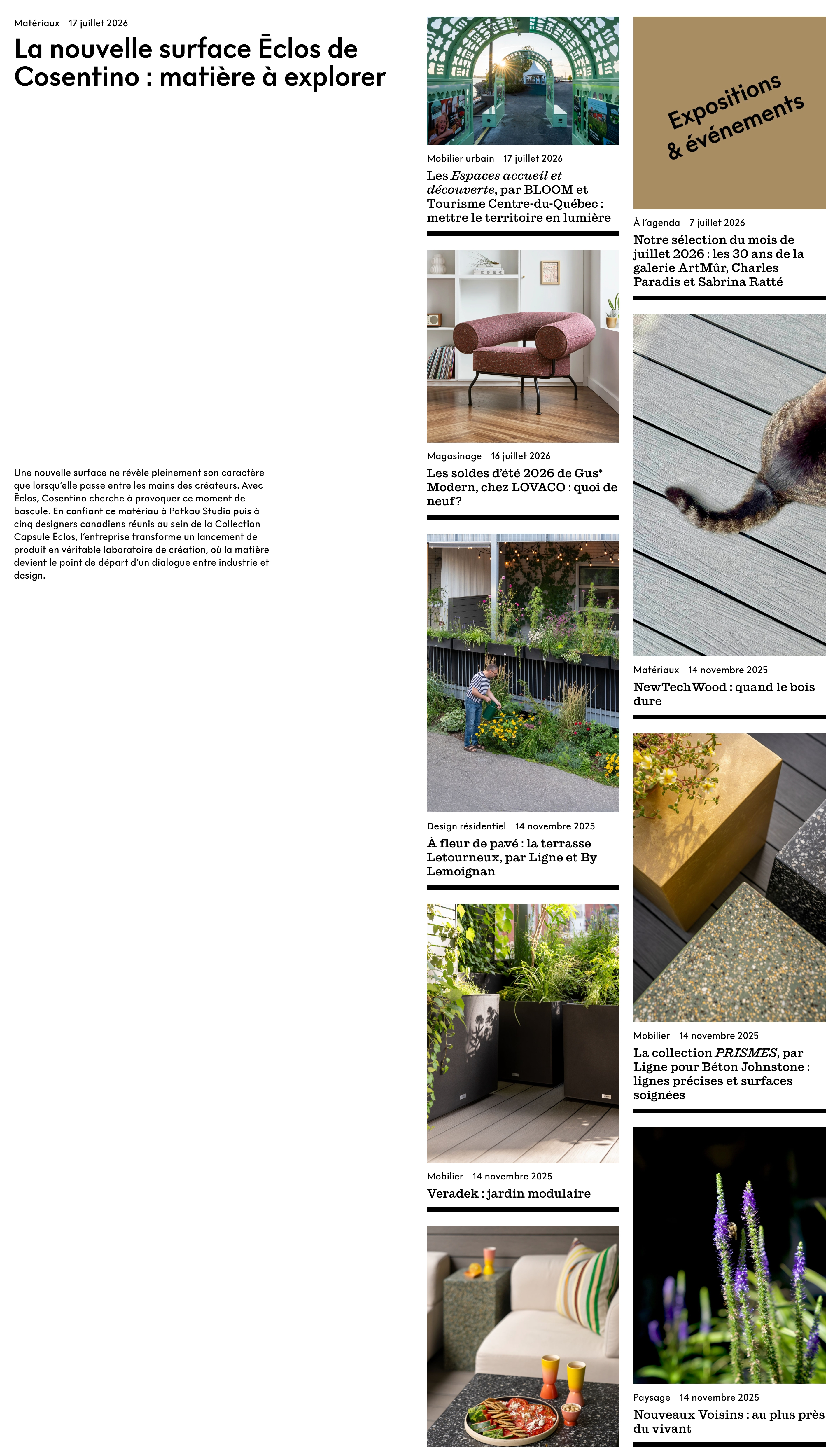 Ligne editorial feed with a text-led Cosentino feature beside stacked photo story cards.