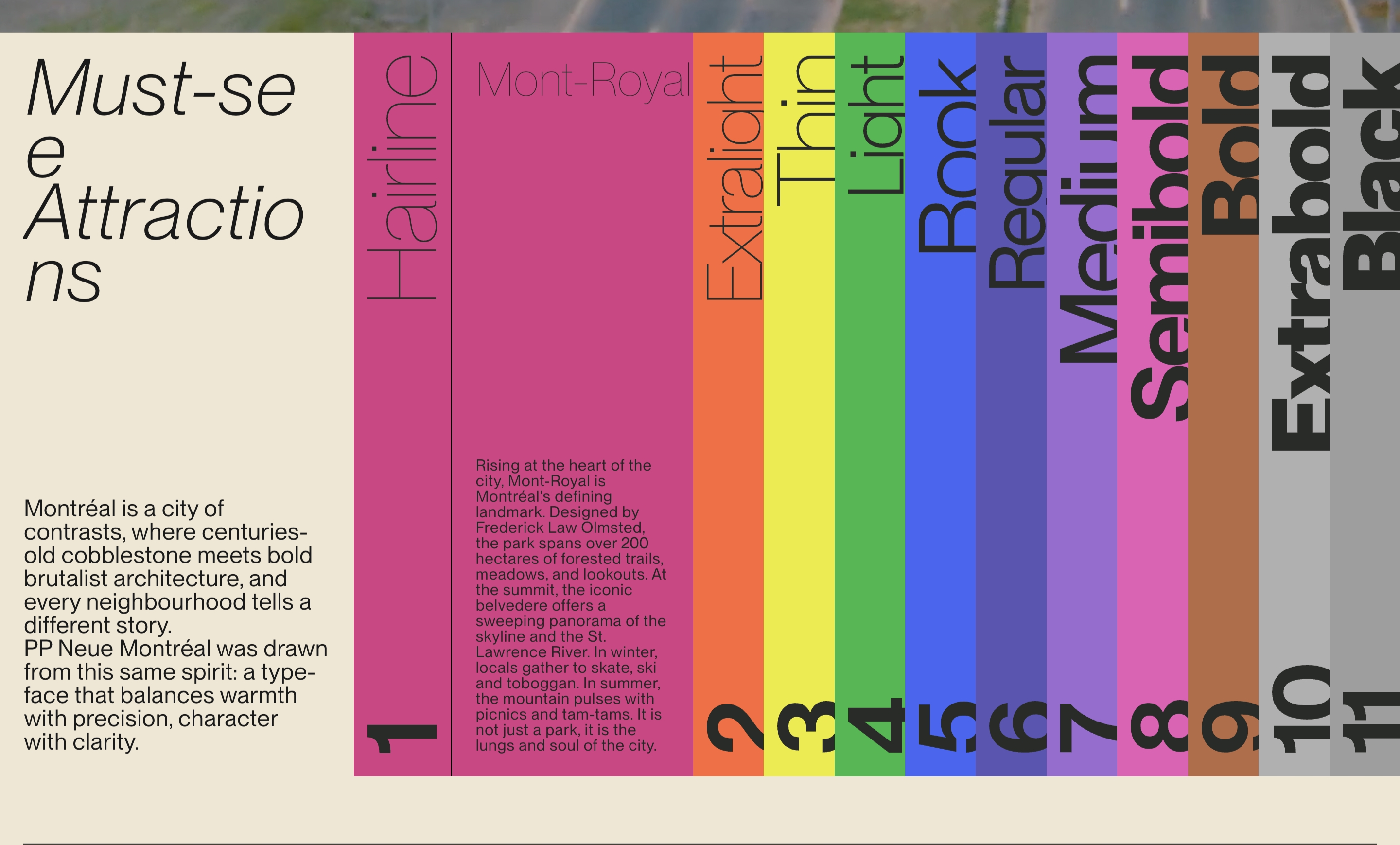 Neue Montreal Must-see Attractions: cream intro column beside rainbow vertical weight bands from Hairline to Black