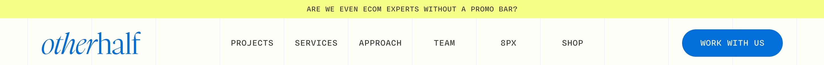 Otherhalf header navigation with yellow promo bar, italic blue wordmark, all-caps links, and blue CTA