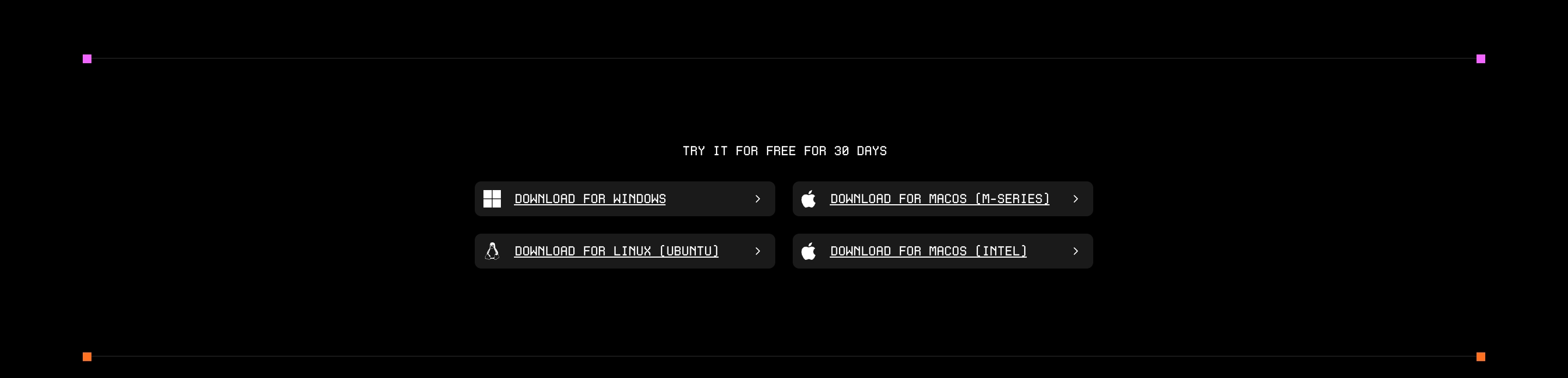 Plasticity download section: 30-day free trial headline and four OS buttons on a black field
