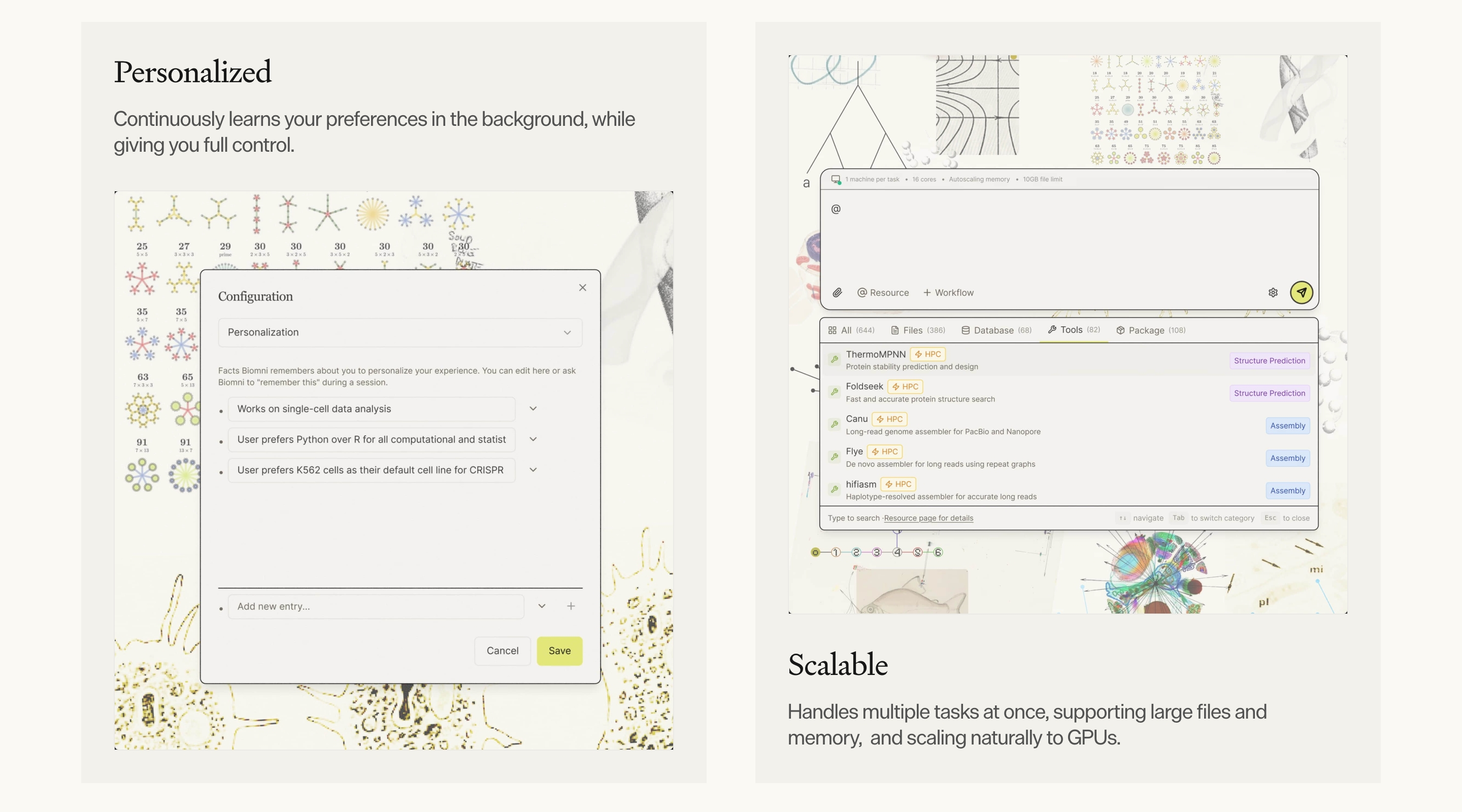 Phylo two-column feature: Personalized config modal left, Scalable tools workspace right, scientific plates