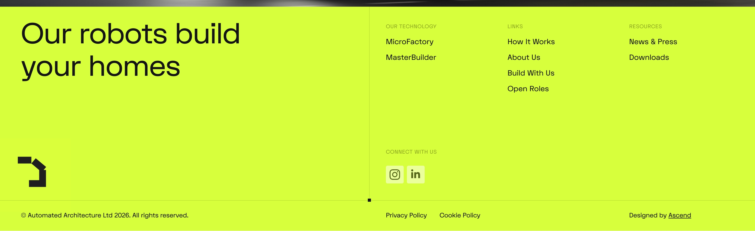 Automated Architecture footer: lime two-column layout with robots headline, logo, and navigation links