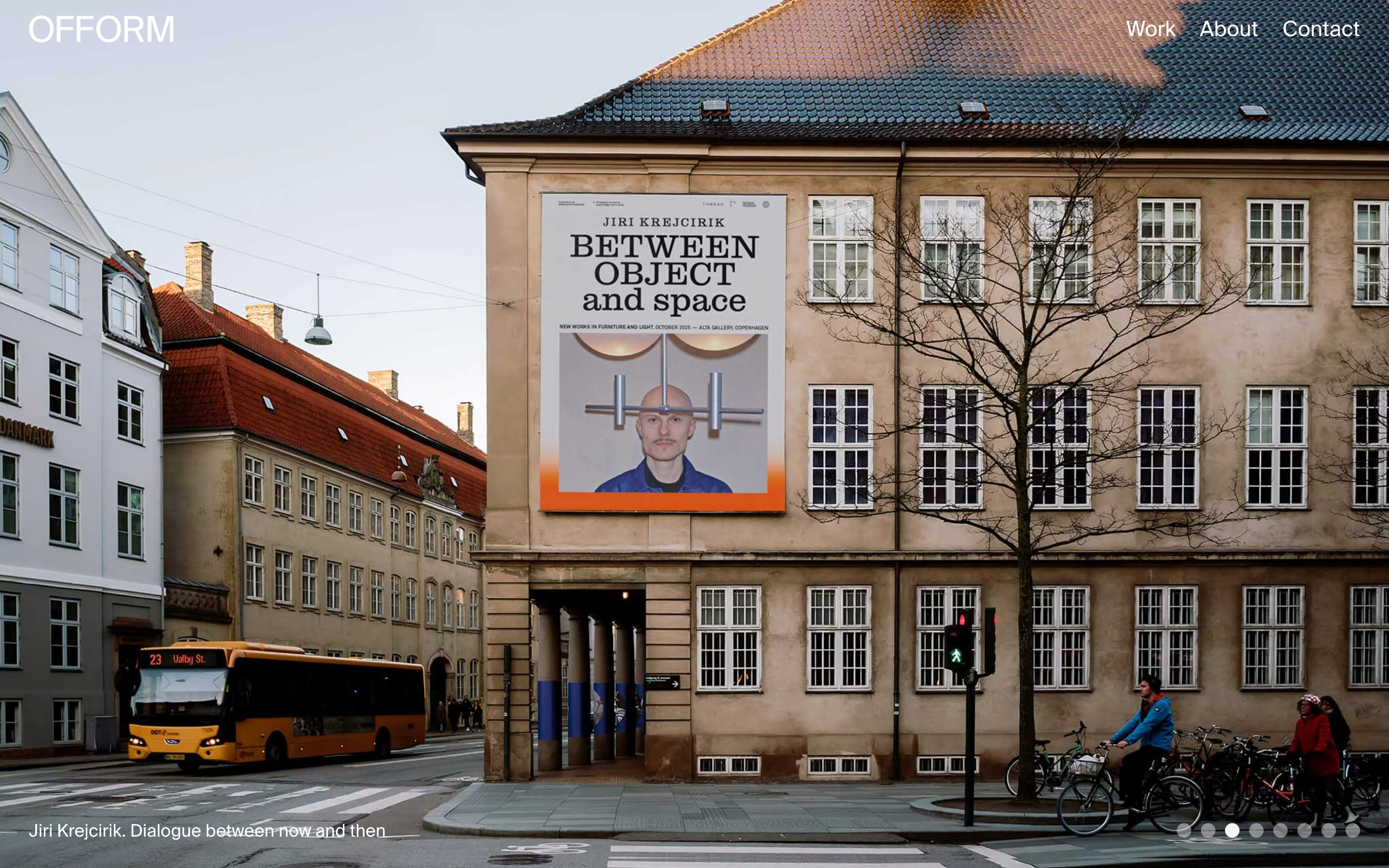 Ofform hero: street photo of a Jiri Krejcirik poster on a building, with logo and Work About Contact nav