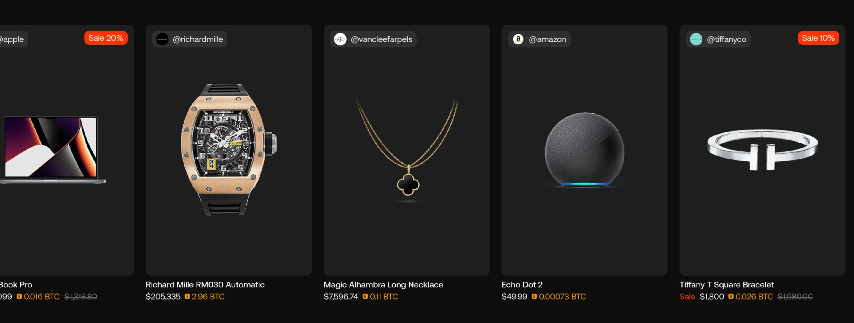 Soros product showcase with dark cards for a MacBook Pro, Richard Mille watch, Van Cleef necklace, Echo Dot, and Tiffany bracelet