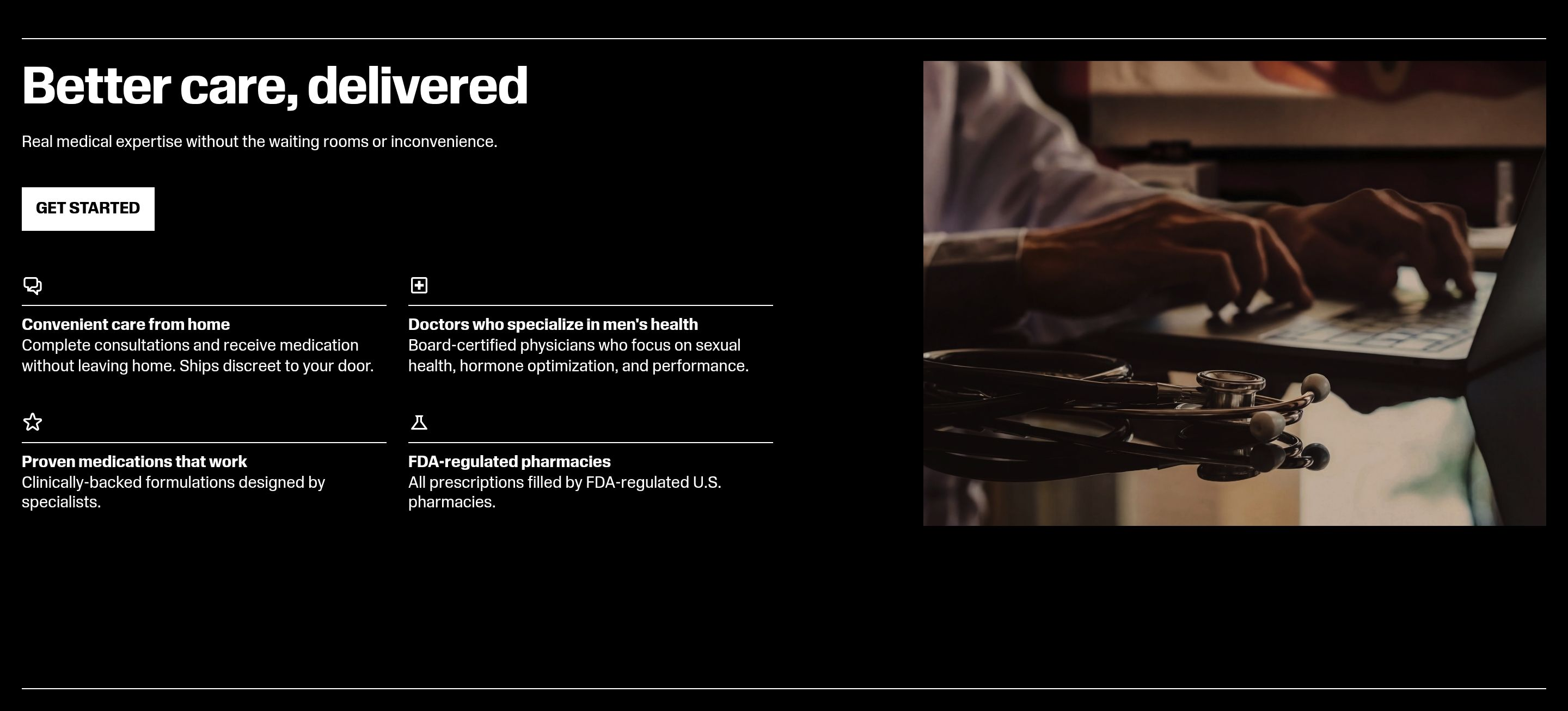 Rugiet value proposition with Better care delivered headline, four benefits, and doctor typing beside a stethoscope