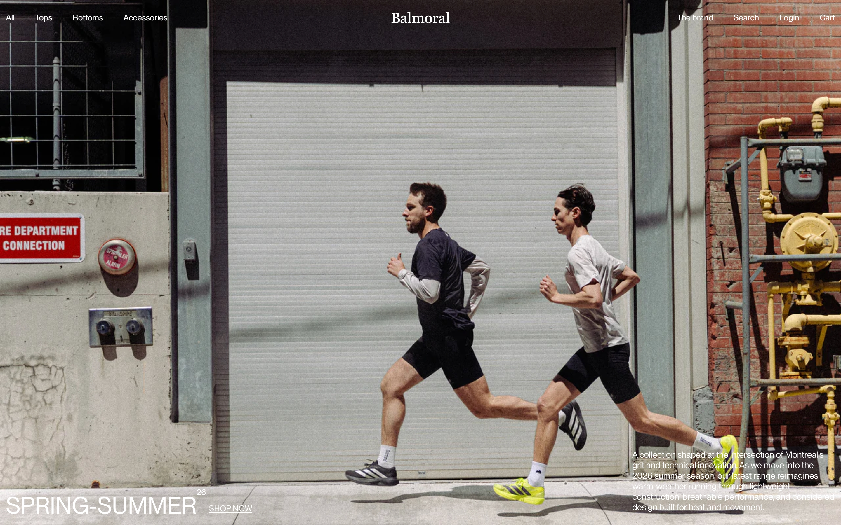 Balmoral Running hero: two runners by a garage door, Spring-Summer 26 title, Shop now, and collection copy