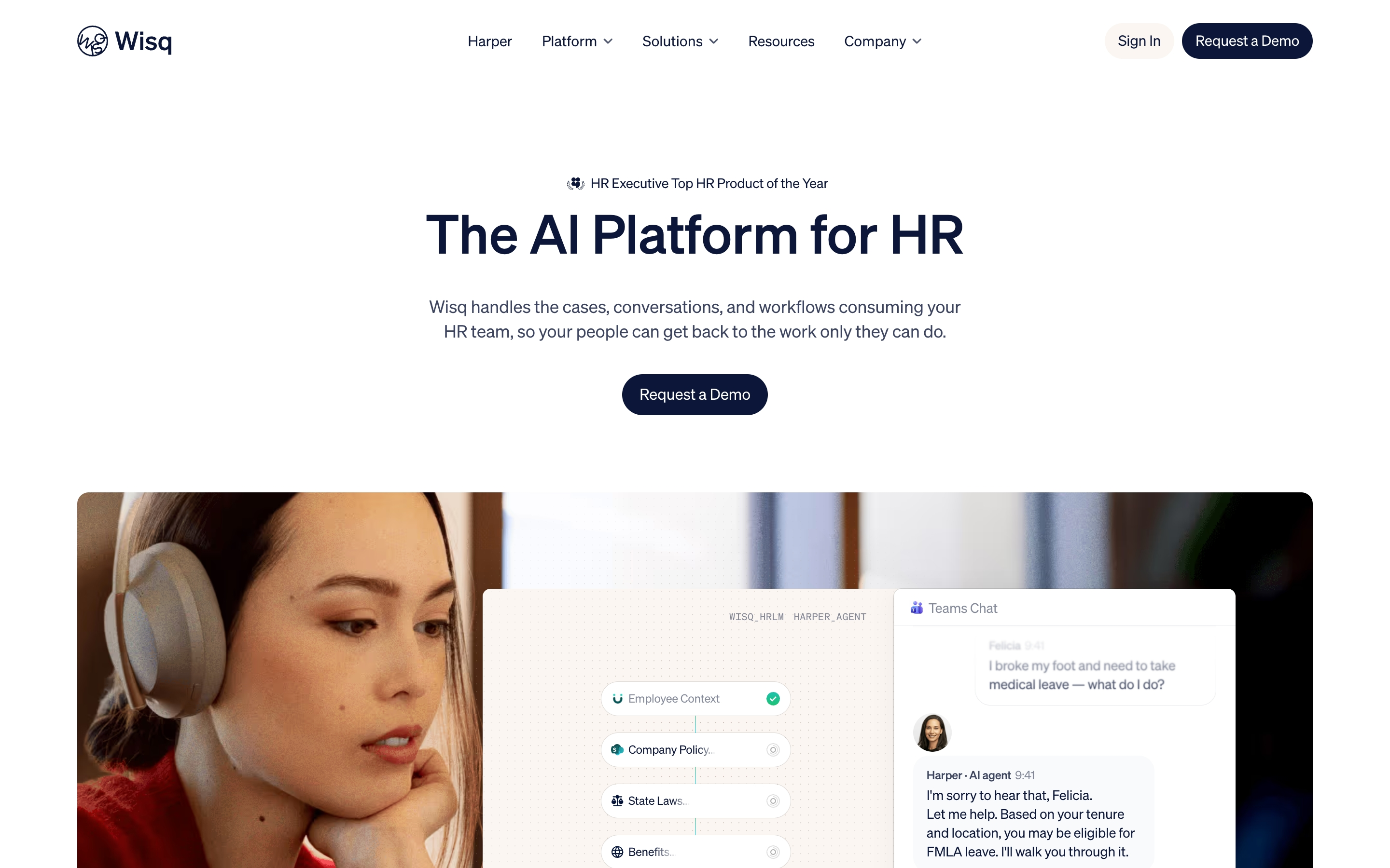 Wisq hero with centered AI Platform for HR headline, demo button, and photo plus Harper chat overlay