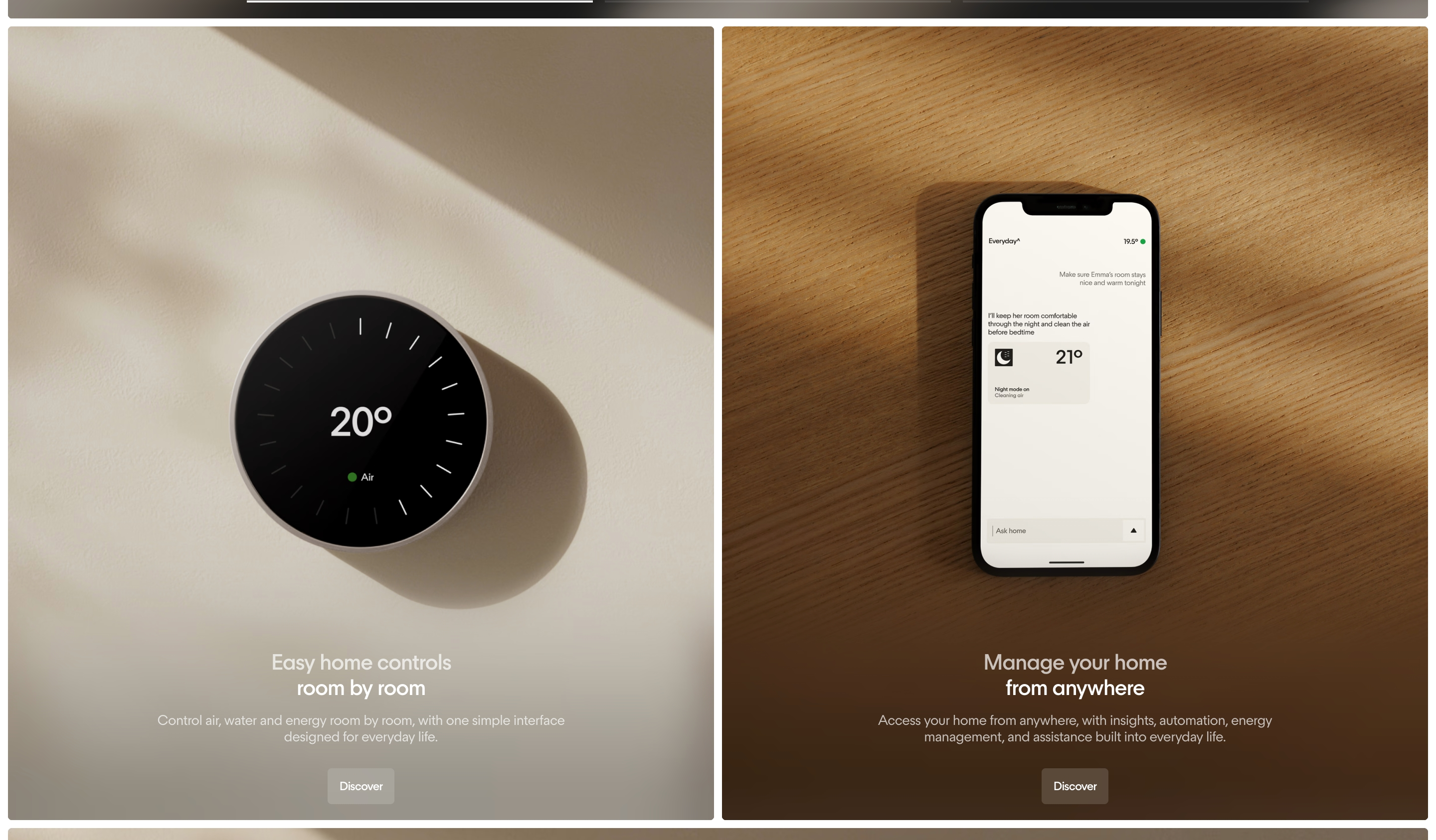 Everyday home management features: split photos of a circular 20° wall control and a phone app, each with a Discover button.