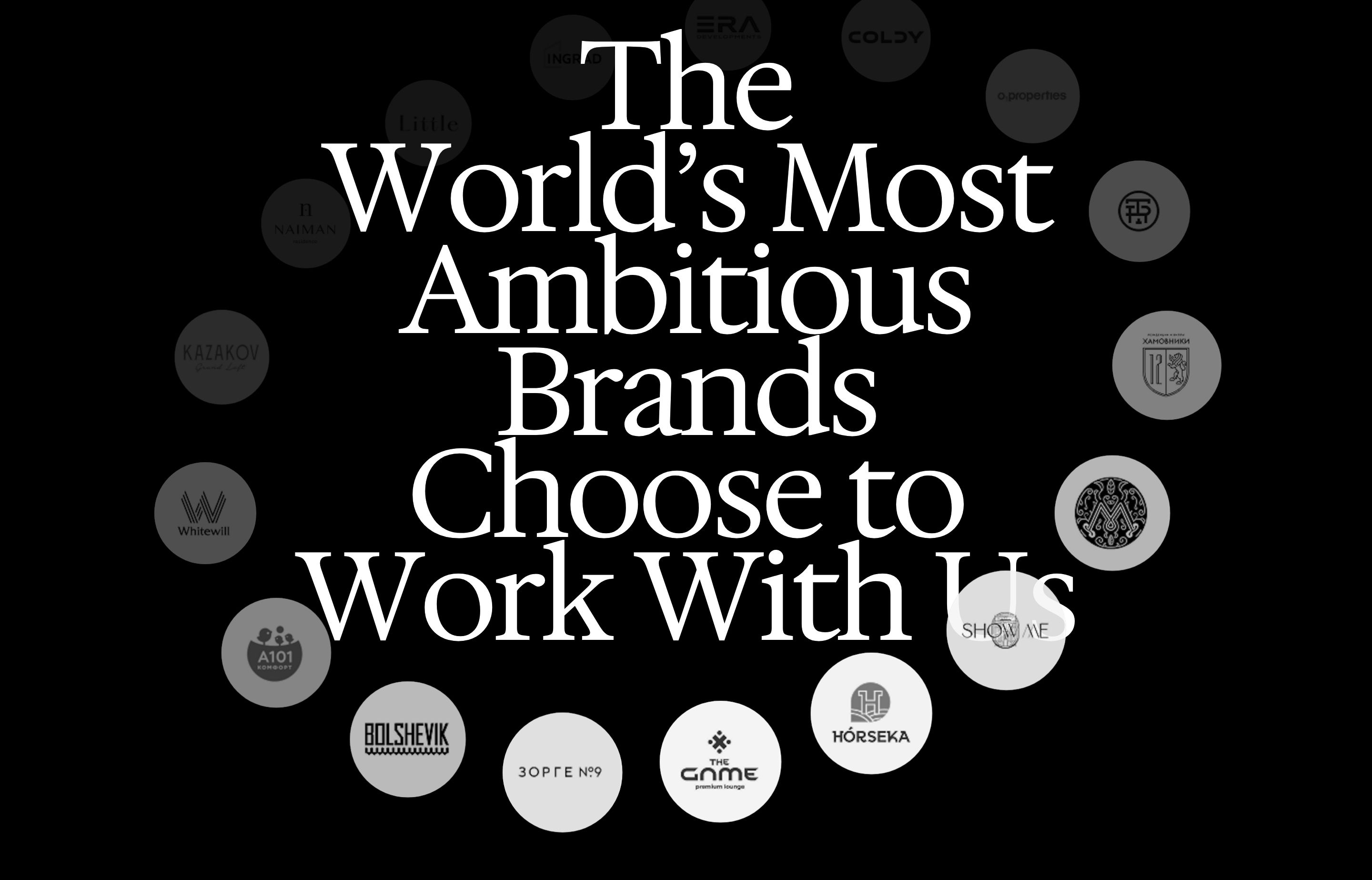 Kononenko Architectural Bureau client logos: white serif headline on black surrounded by circular brand marks.