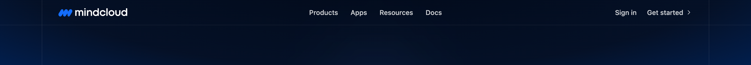 MindCloud dark header with blue logo, centered Products Apps Resources Docs, and Sign in Get started on navy.