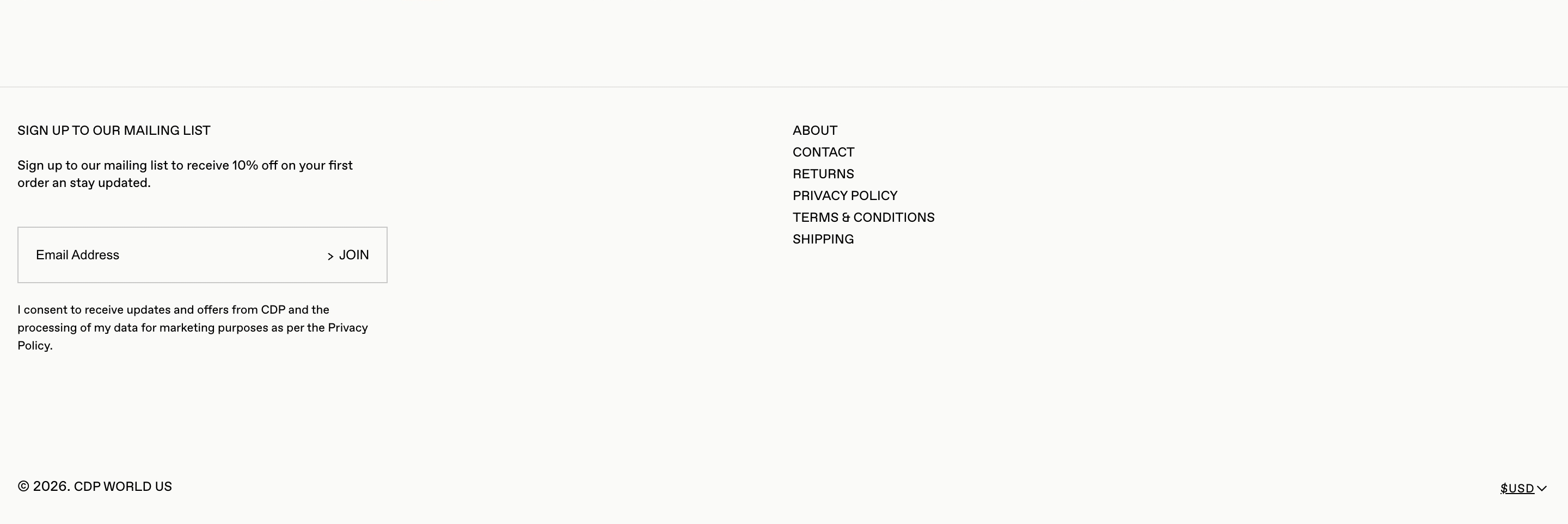 CDP World footer with mailing-list form left, utility links right, and copyright with USD selector.