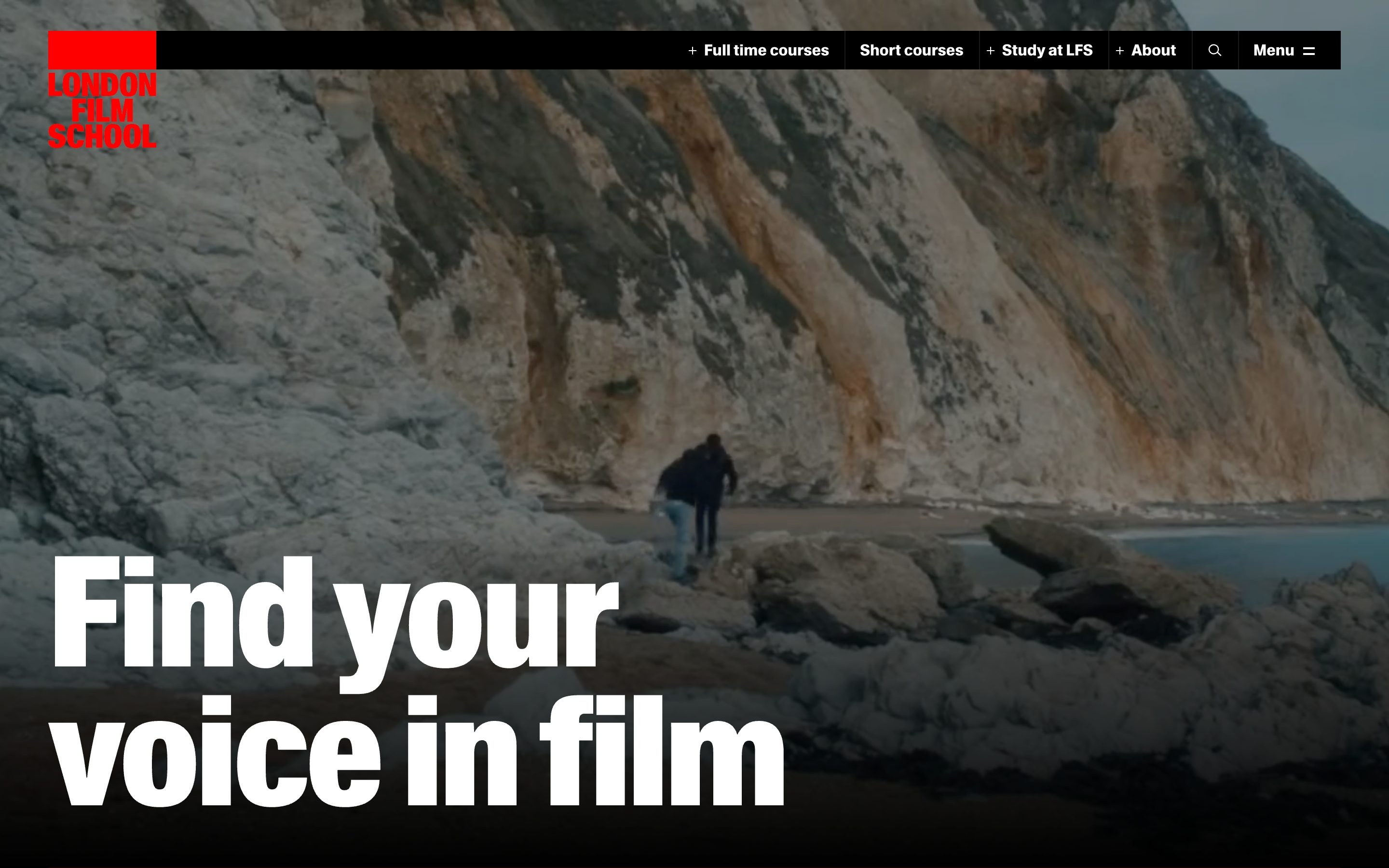 London Film School hero: rocky beach film still, red stacked logo, black nav, and large white headline Find your voice in film
