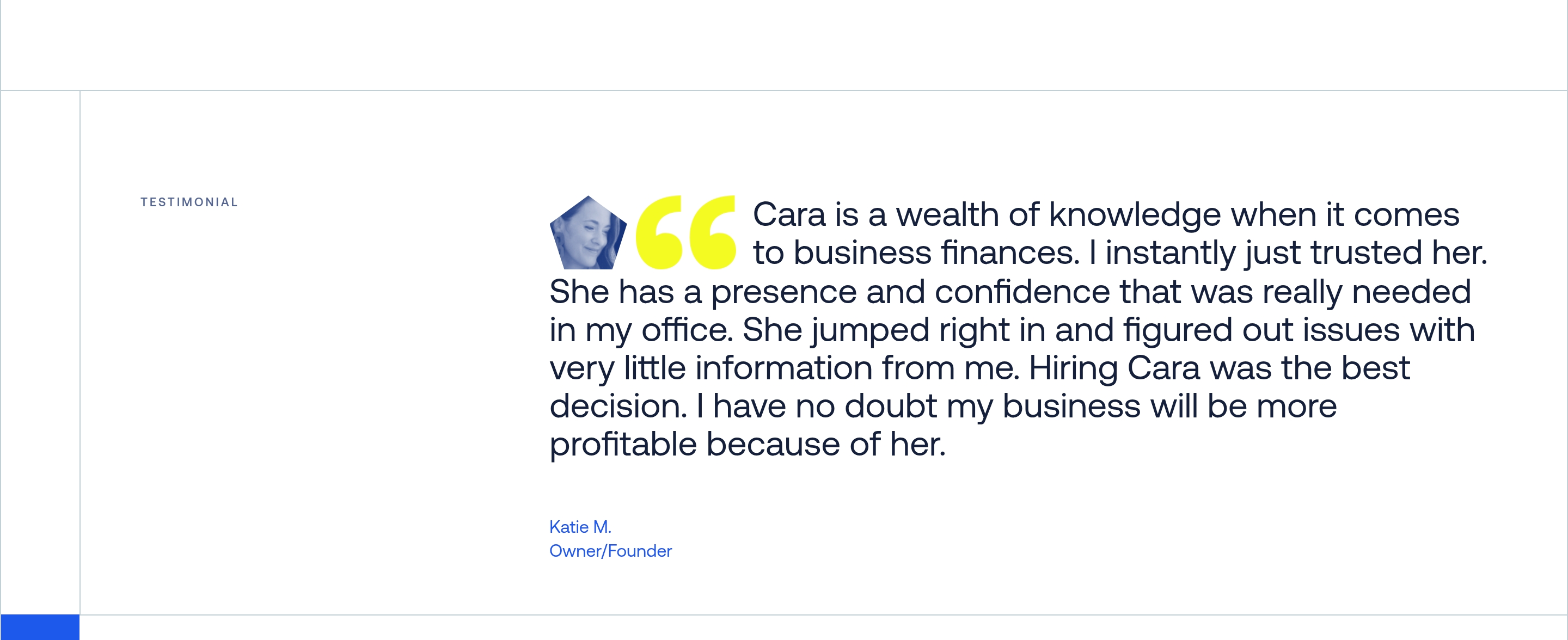 MP2 Collective testimonial section showing Katie M.’s quote about Cara, yellow quotation marks, and a cropped portrait.