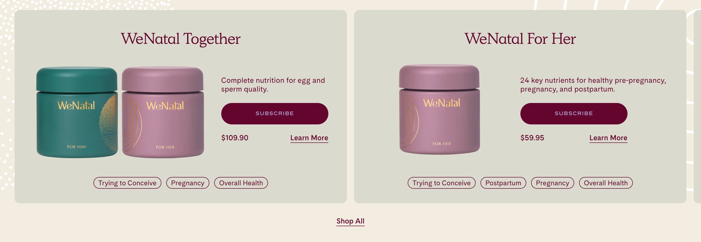 WeNatal product showcase grid with Together and For Her jars, prices, Subscribe buttons, and stage tags.