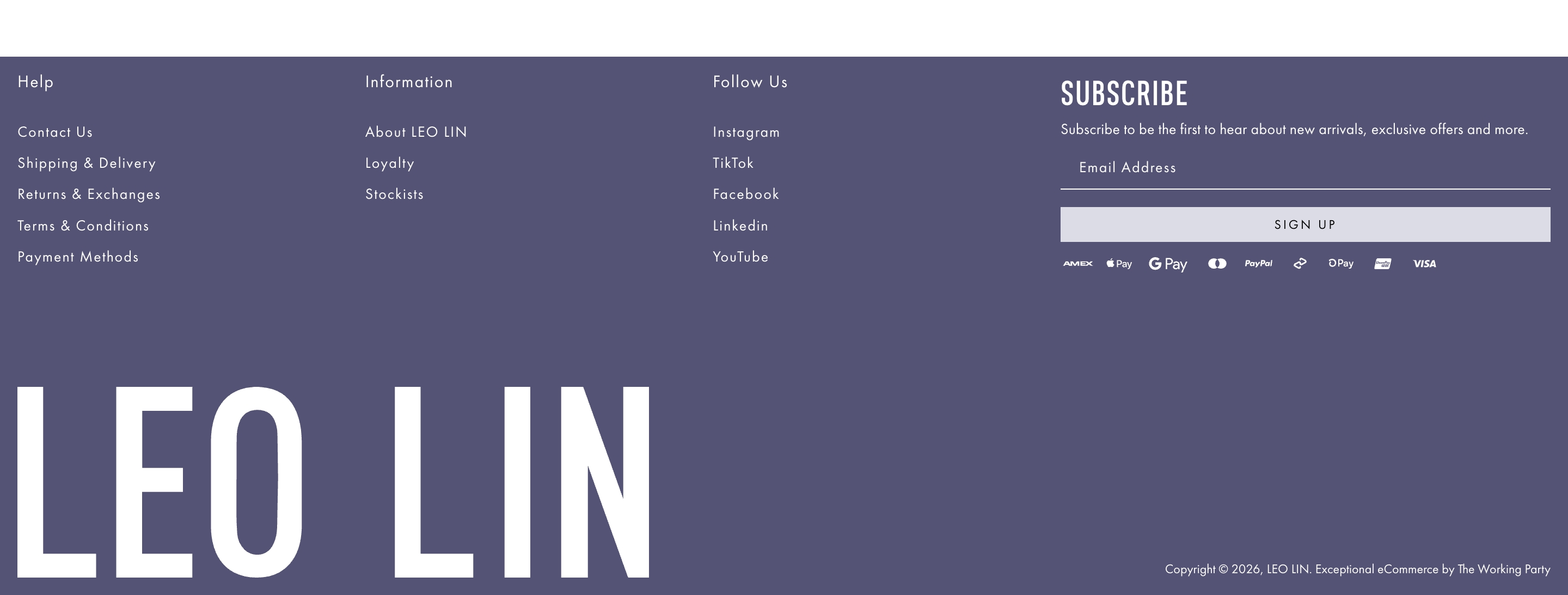 Leo Lin purple footer with link columns, newsletter signup, payment logos, and a large white LEO LIN wordmark