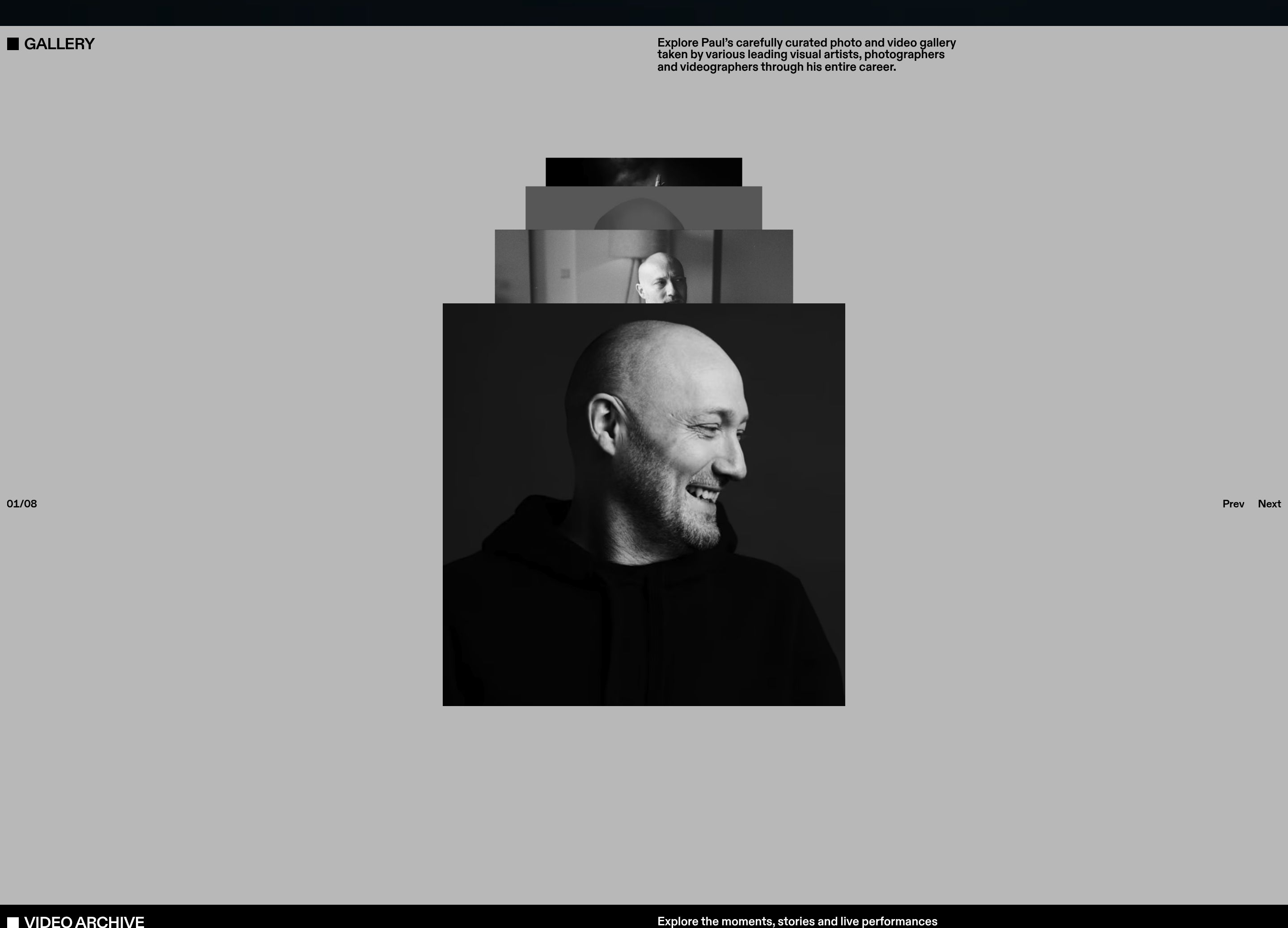 Paul Kalkbrenner gallery with stacked black-and-white portraits, 01/08, and Prev Next on gray