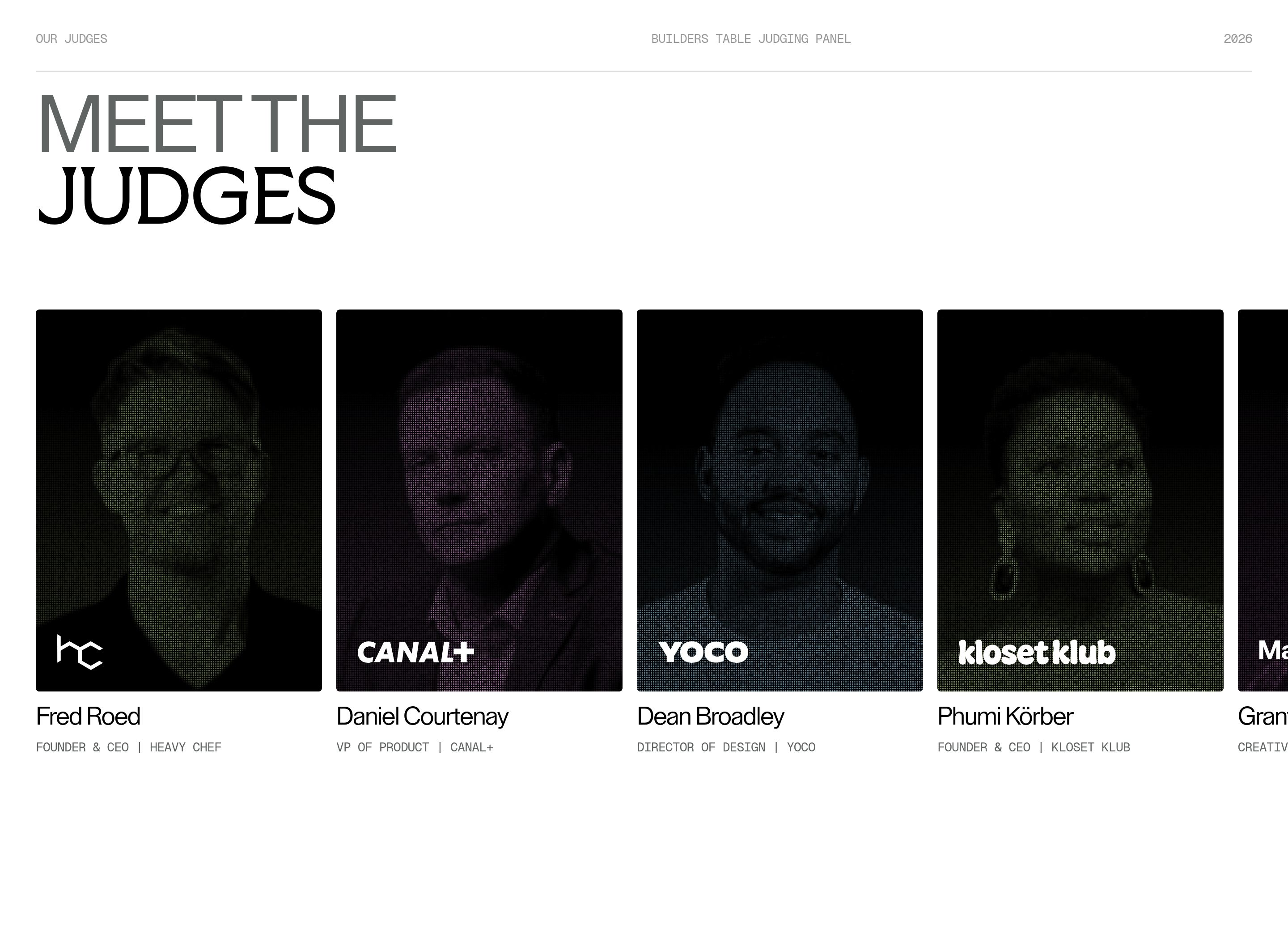 Builders Table judges section with Meet the Judges headline and dark dotted portrait cards of the panel