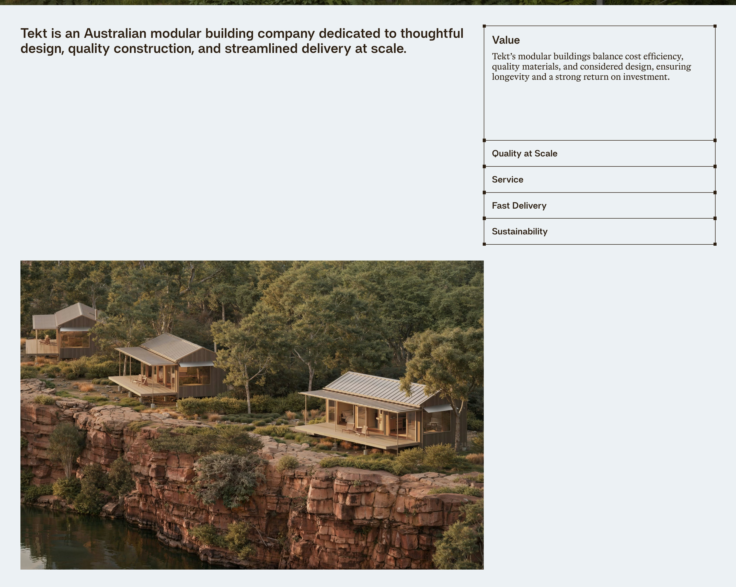 Tekt company values section with mission headline, value list, and cliffside modular homes